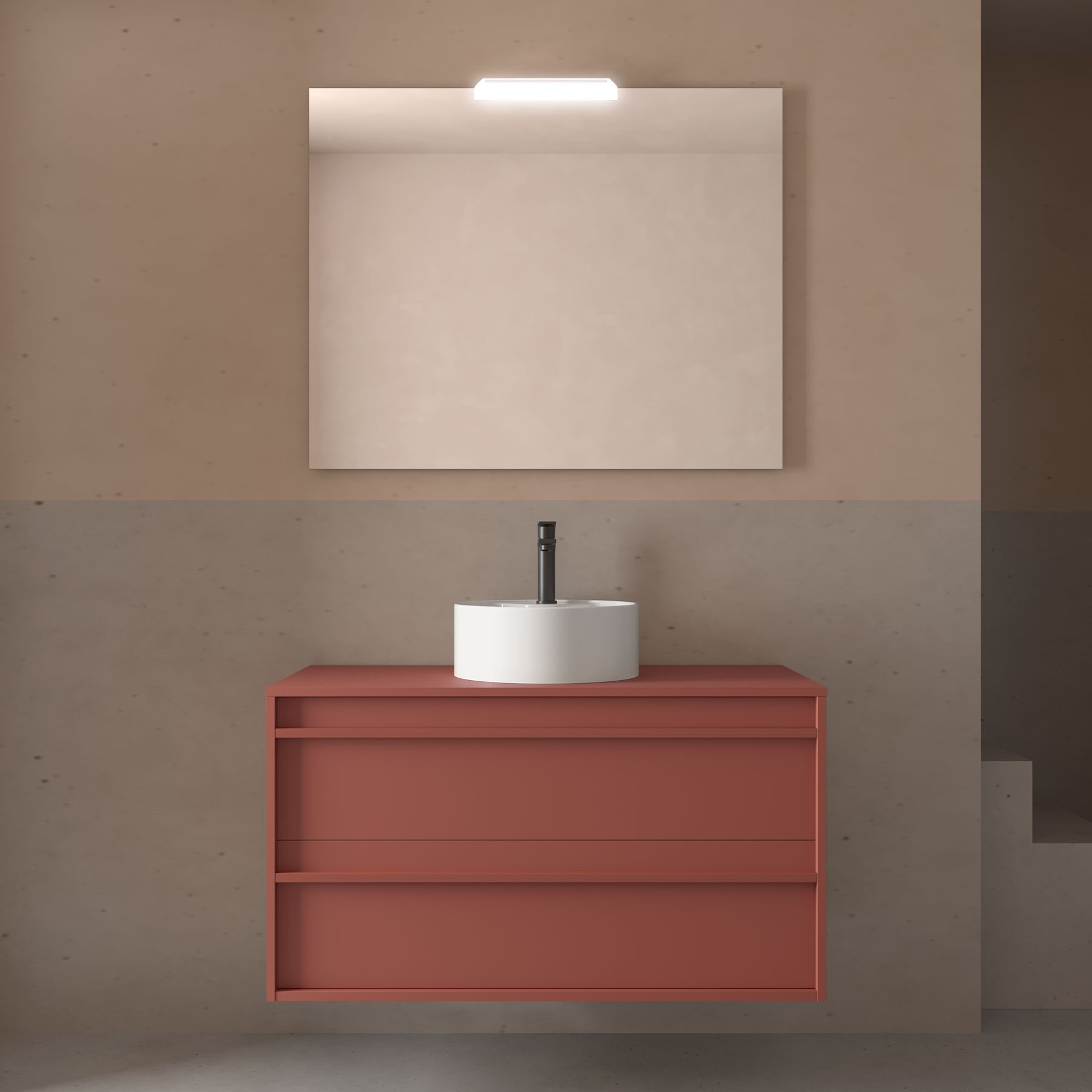 Badezimmermöbel ATTILA 1000 2 Schubladen RED SATIN + Waschtisch-Platte