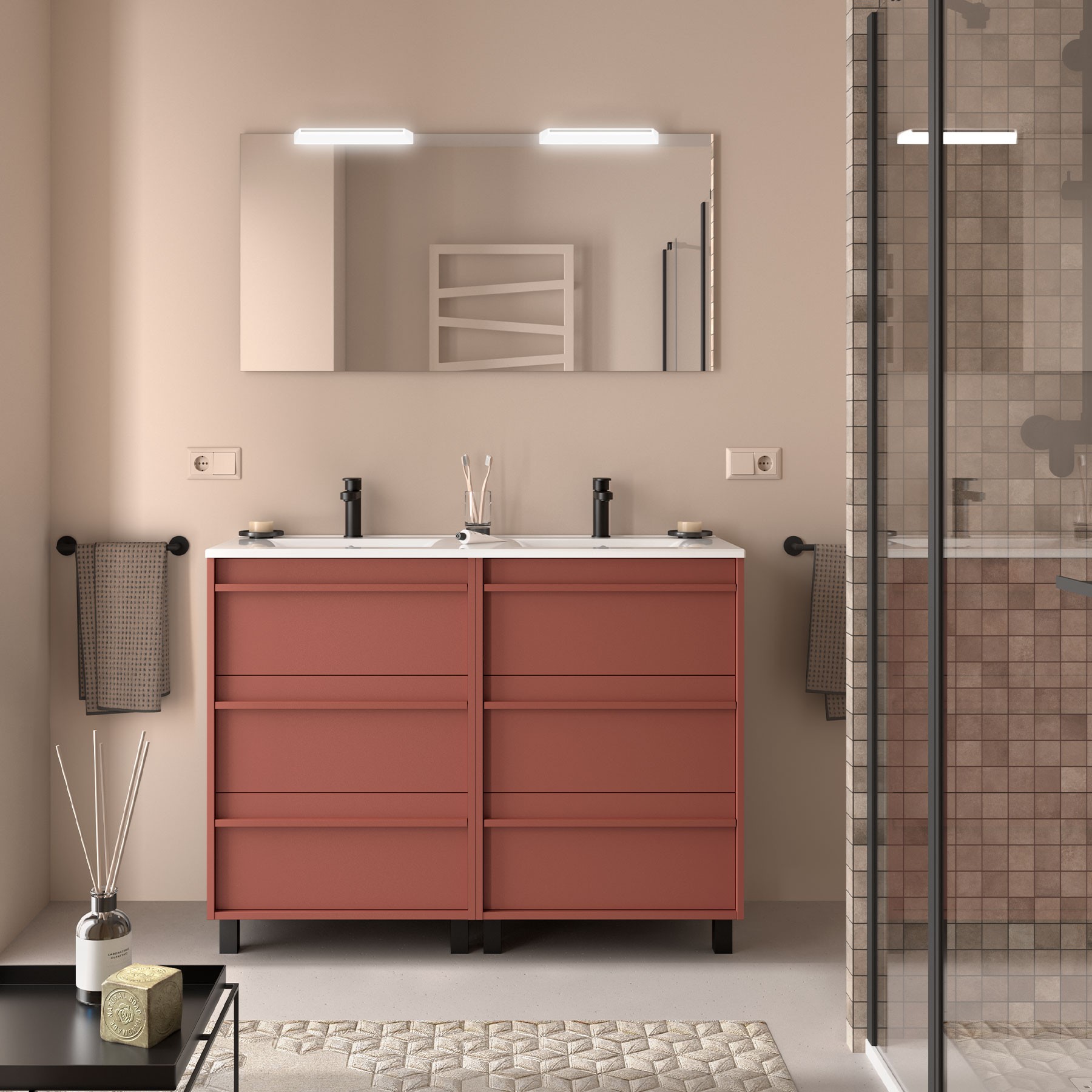 Badezimmermöbel ATTILA 1200 6 Schubladen RED SATIN + Waschtisch