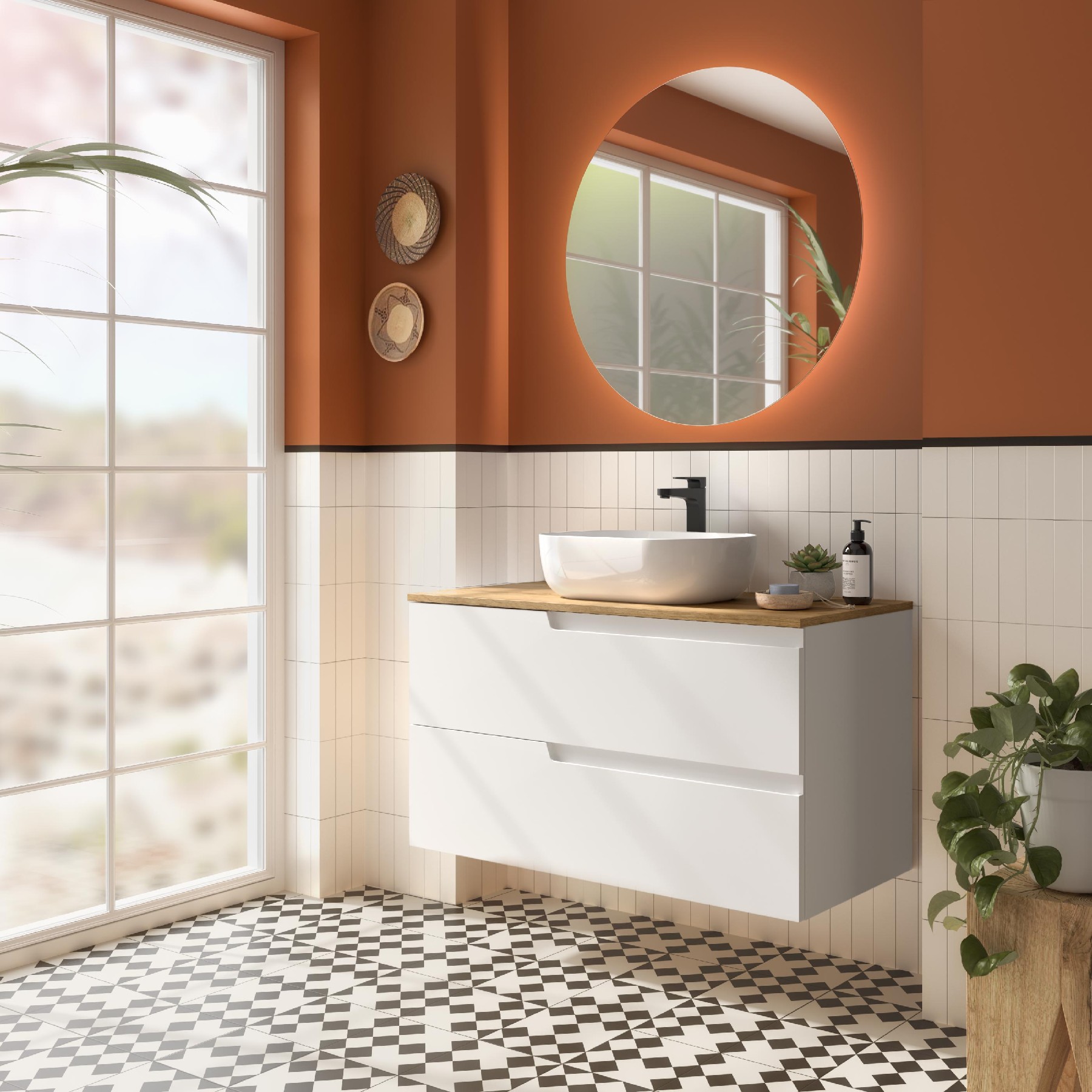 Badezimmermöbel VIMA 1000 WHITE SATIN + Waschtisch-Platte EICHE AFRIKA
