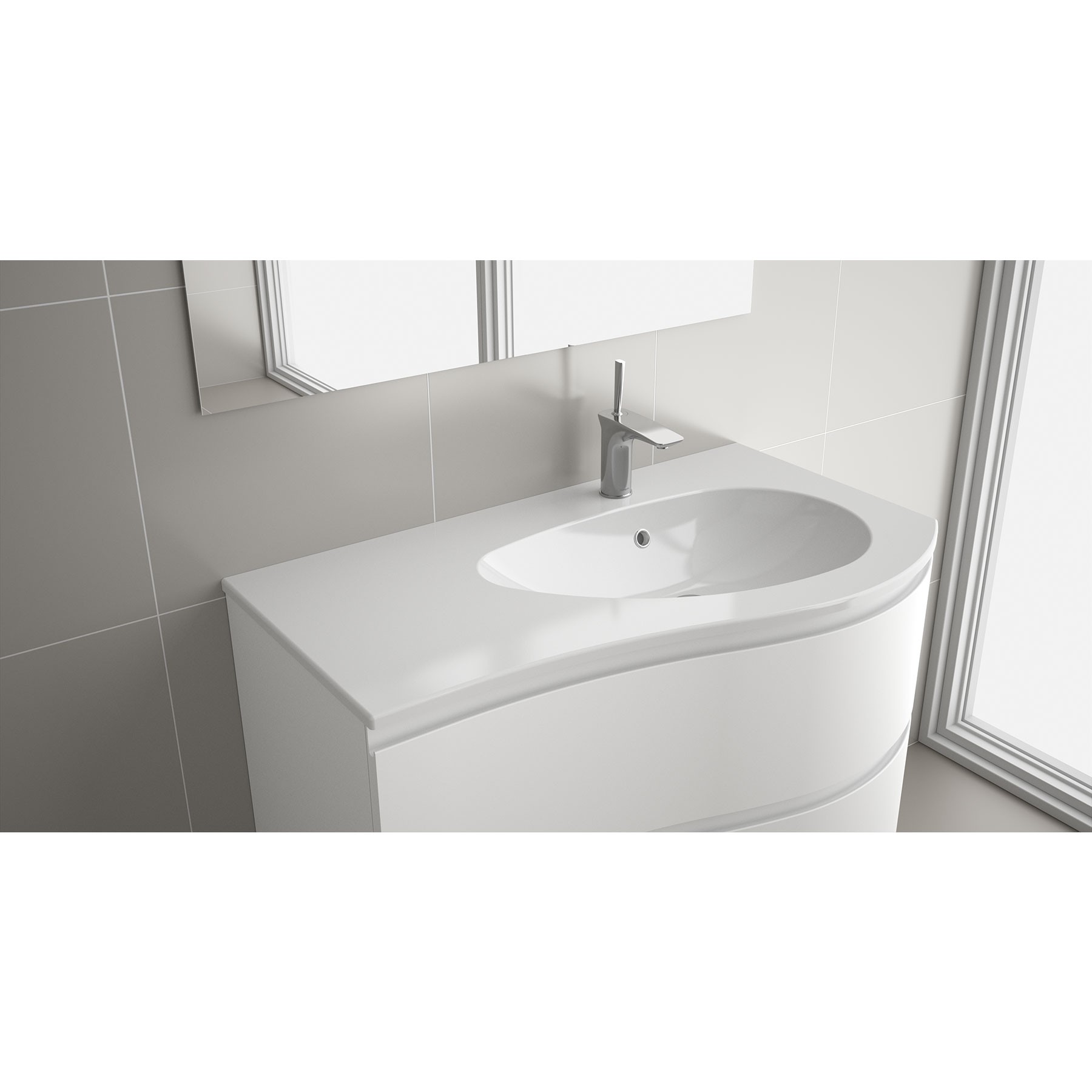 Waschtisch MAM 900 links MINERALGUSS WEIß GLÄNZEND ohne Siphon und Clickerabfluss 910 x 16 x 510 mm
