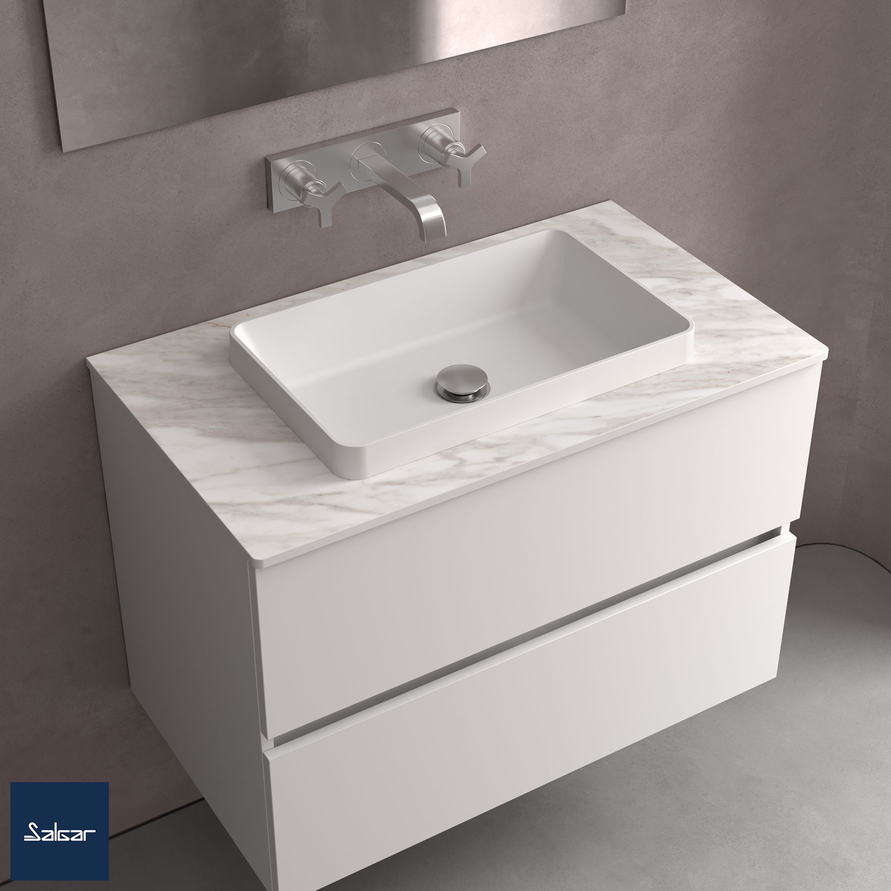Halbeingelassene Waschbecken MAEL ohne Siphon und Clickerabfluss SOLID SURFACE WEIß MATT 502 x 44 x 301 mm