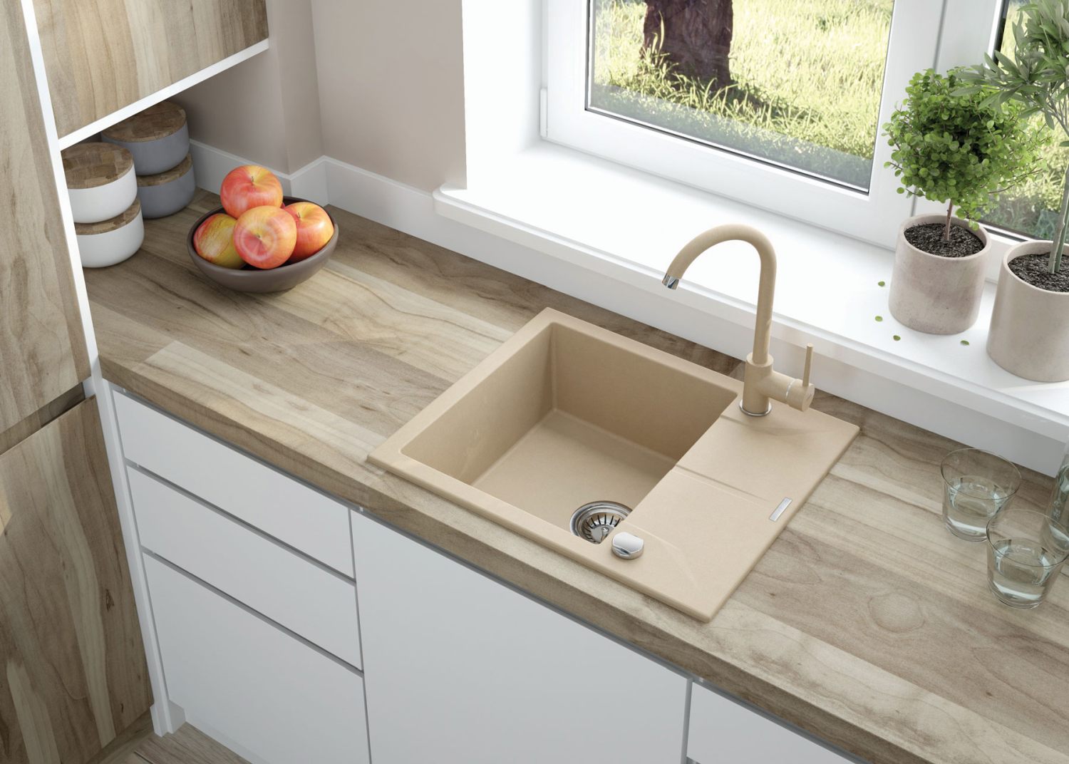 Andante - Granitspülbecken, 1-Becken mit Abtropffläche
