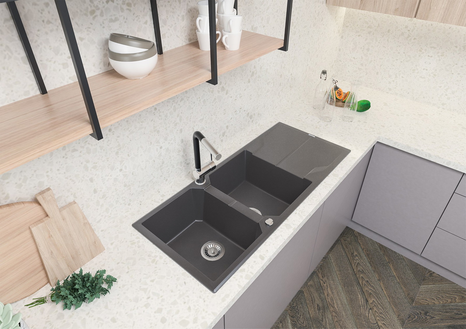 Andante - Granitspülbecken, 2-Becken mit Abtropffläche