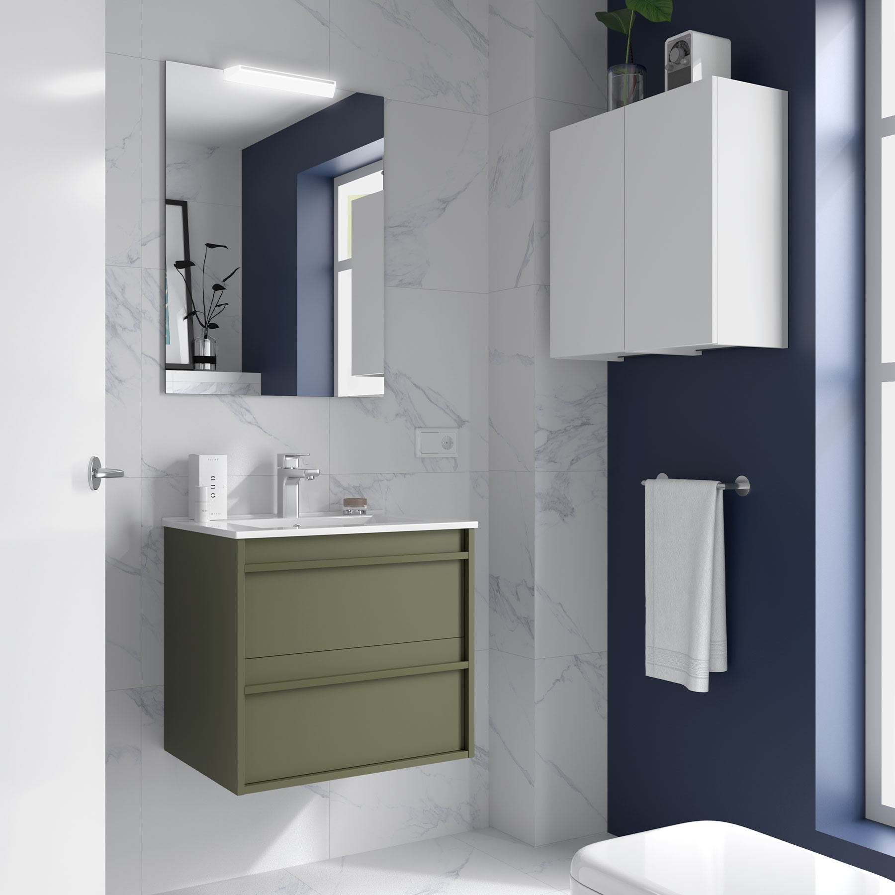 Badezimmermöbel ATTILA 600 2 Schubladen GREEN SATIN + Waschtisch