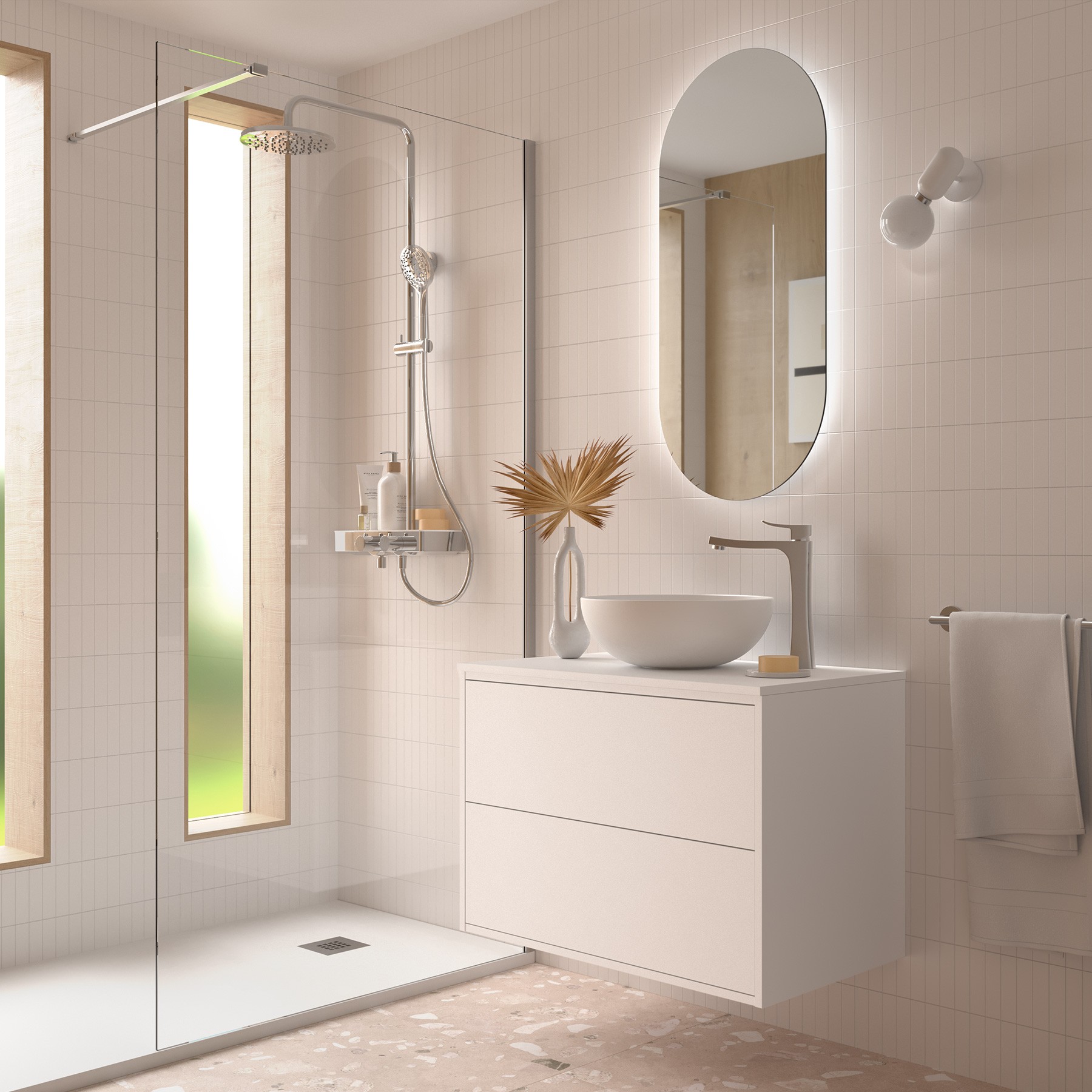 Badezimmermöbel OPTIMUS 800 WHITE SATIN + Waschtisch-Platte