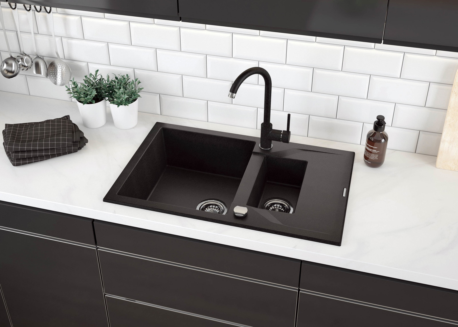 Andante - Granitspülbecken, 1.5-Becken mit Abtropffläche