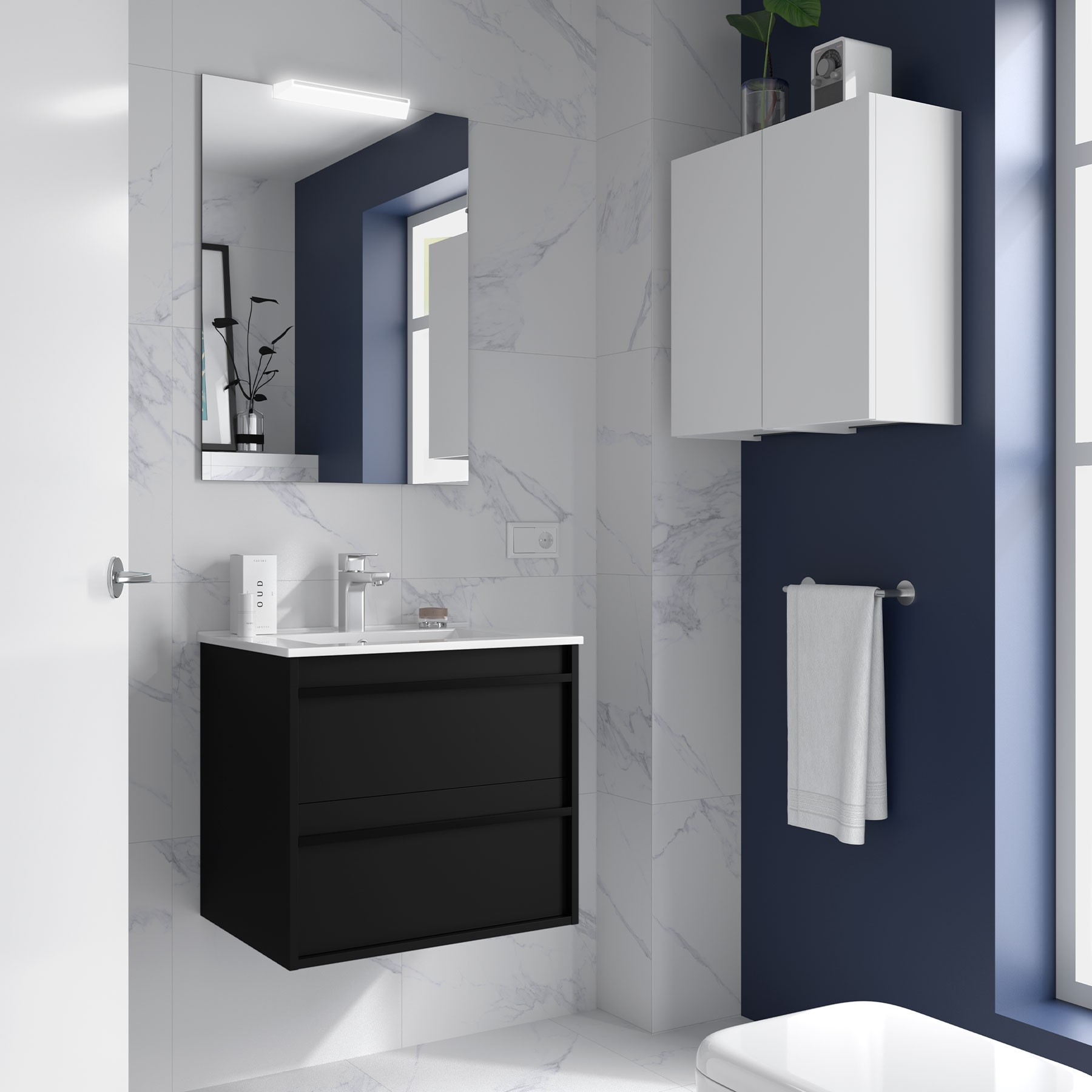 Badezimmermöbel ATTILA 600 2 Schubladen BLACK SATIN + Waschtisch