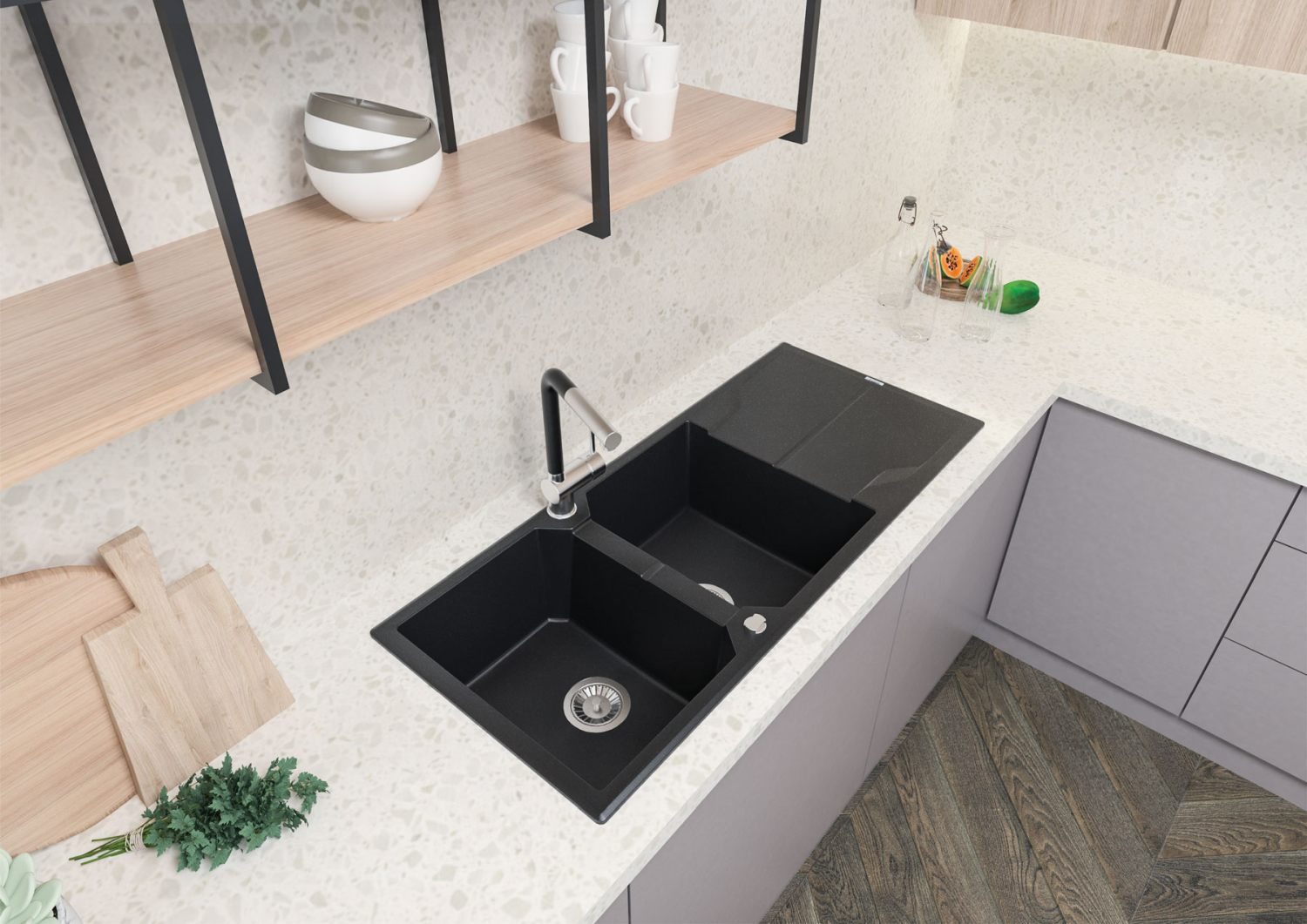 Andante - Granitspülbecken, 2-Becken mit Abtropffläche