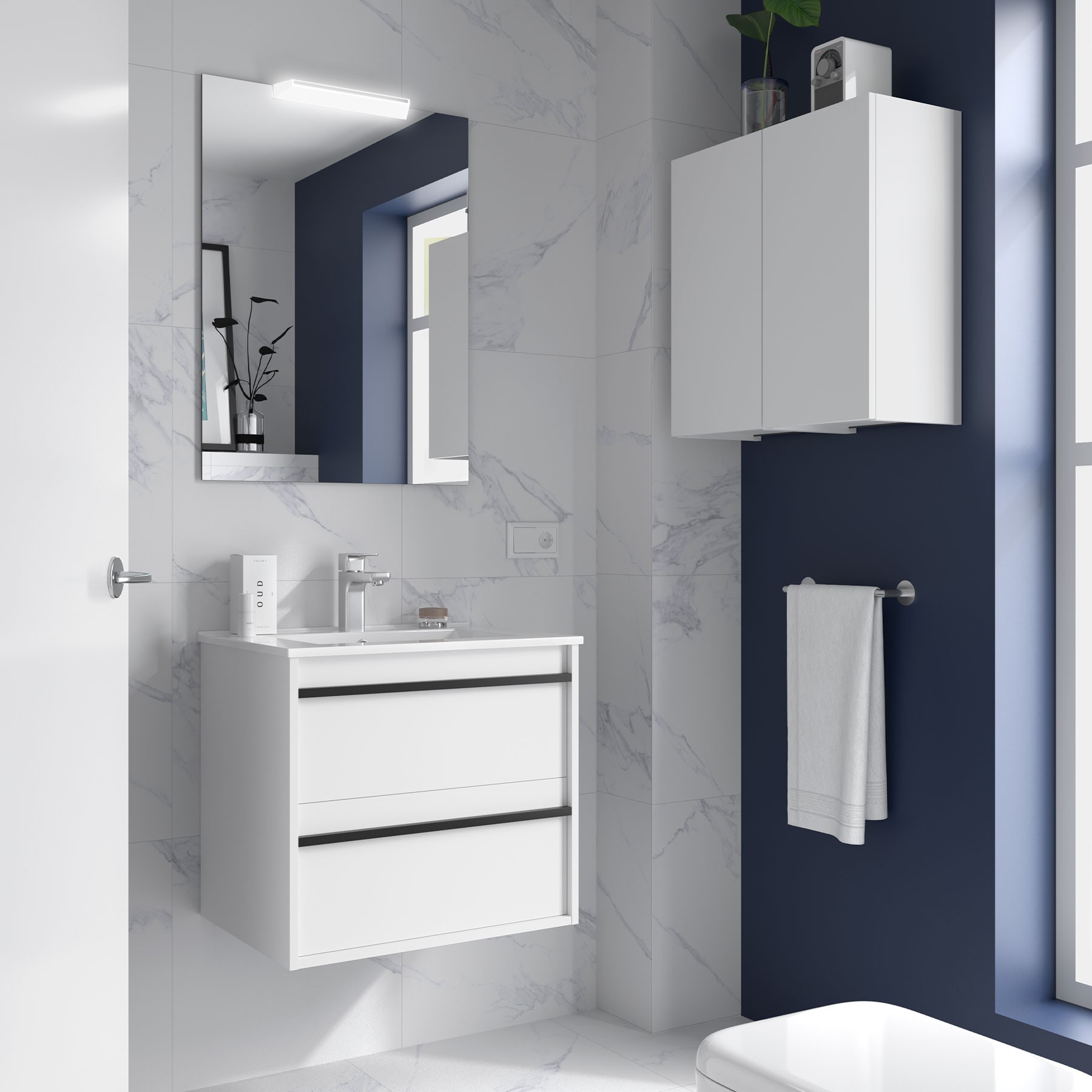Badezimmermöbel ATTILA 600 2 Schubladen WHITE SATIN + Waschtisch