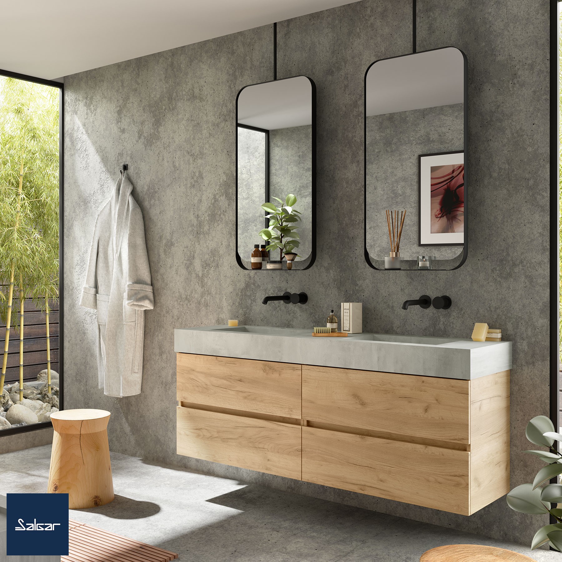 Waschtisch-Platte COMPAKT 46 von 1801 bis 0200 mm mit integretem Waschbecken (46 cm) ZEMENT
