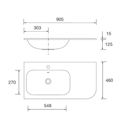 Waschtisch ALLIANCE 900 Schrankelement rechts für Module mit geschwungenem Design, ohne Siphon und Clickerabfluss MINERALSOLID MATT 910 x 15 x 460 mm