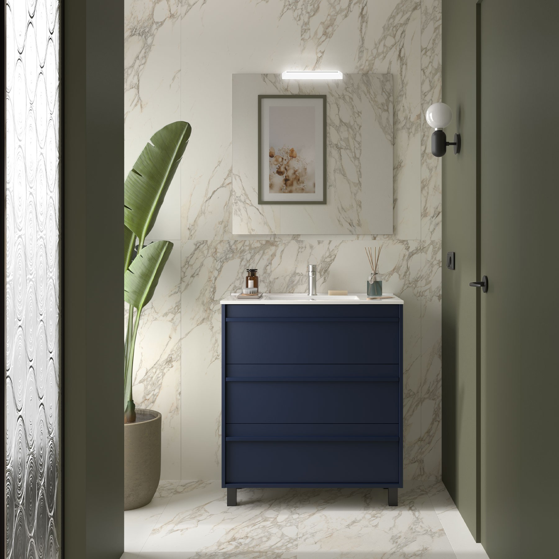 Badezimmermöbel ATTILA 800 3 Schubladen BLUE SATIN + Waschtisch