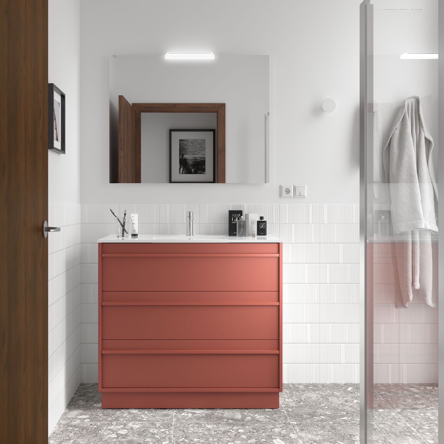 Badezimmermöbel ATTILA 1000 3 Schubladen RED SATIN + Waschtisch