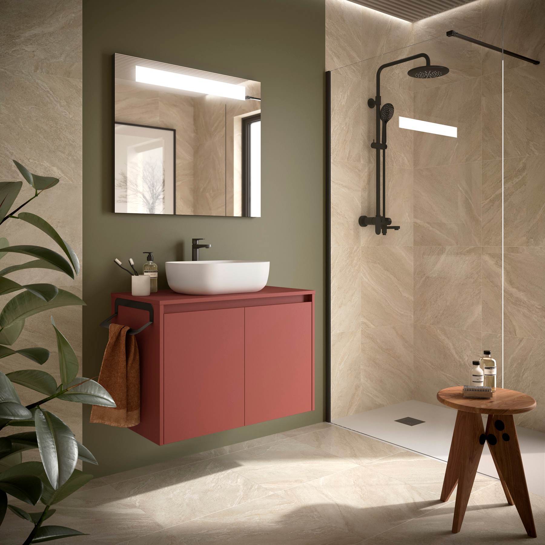 Badezimmermöbel NOJA 800 2 Türen RED SATIN + Waschtisch-Platte
