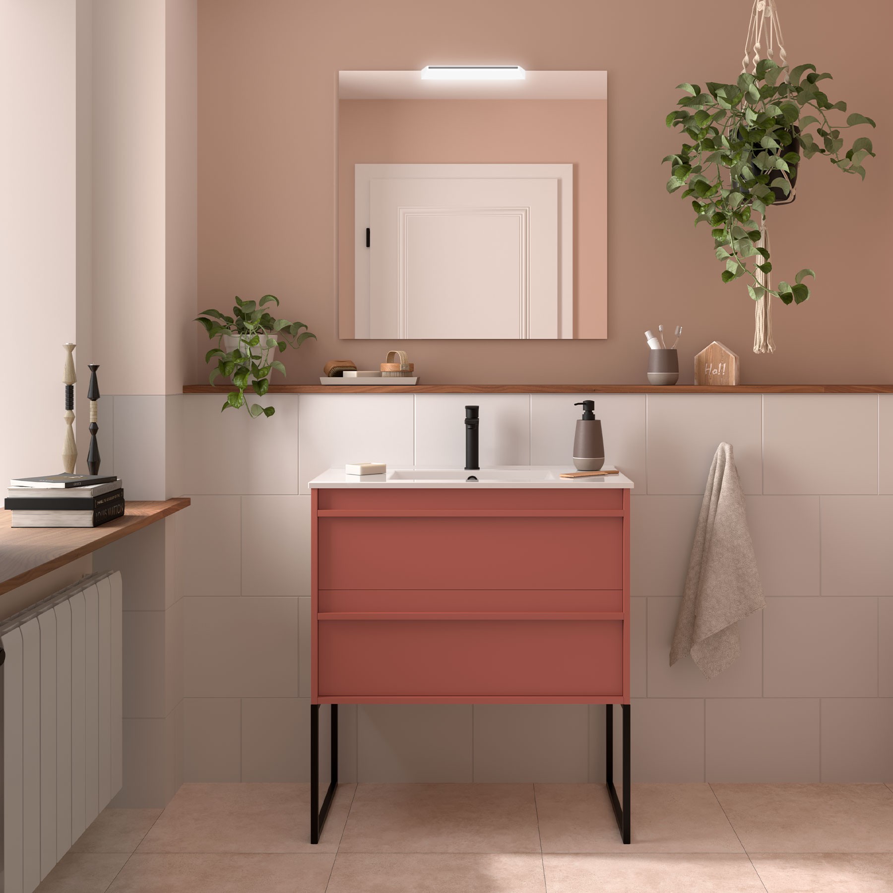 Badezimmermöbel ATTILA 800 2 Schubladen RED SATIN + Waschtisch