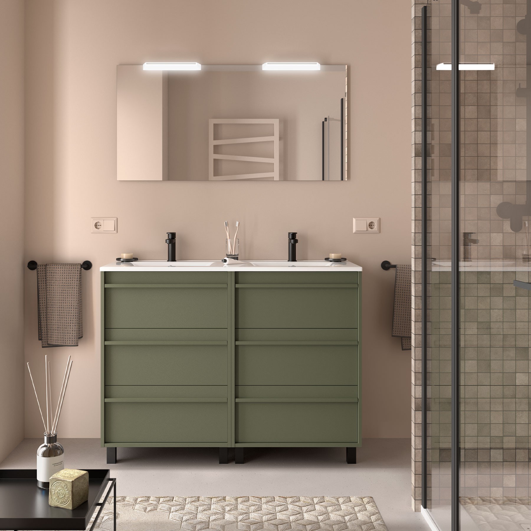 Badezimmermöbel ATTILA 1200 6 Schubladen GREEN SATIN + Waschtisch