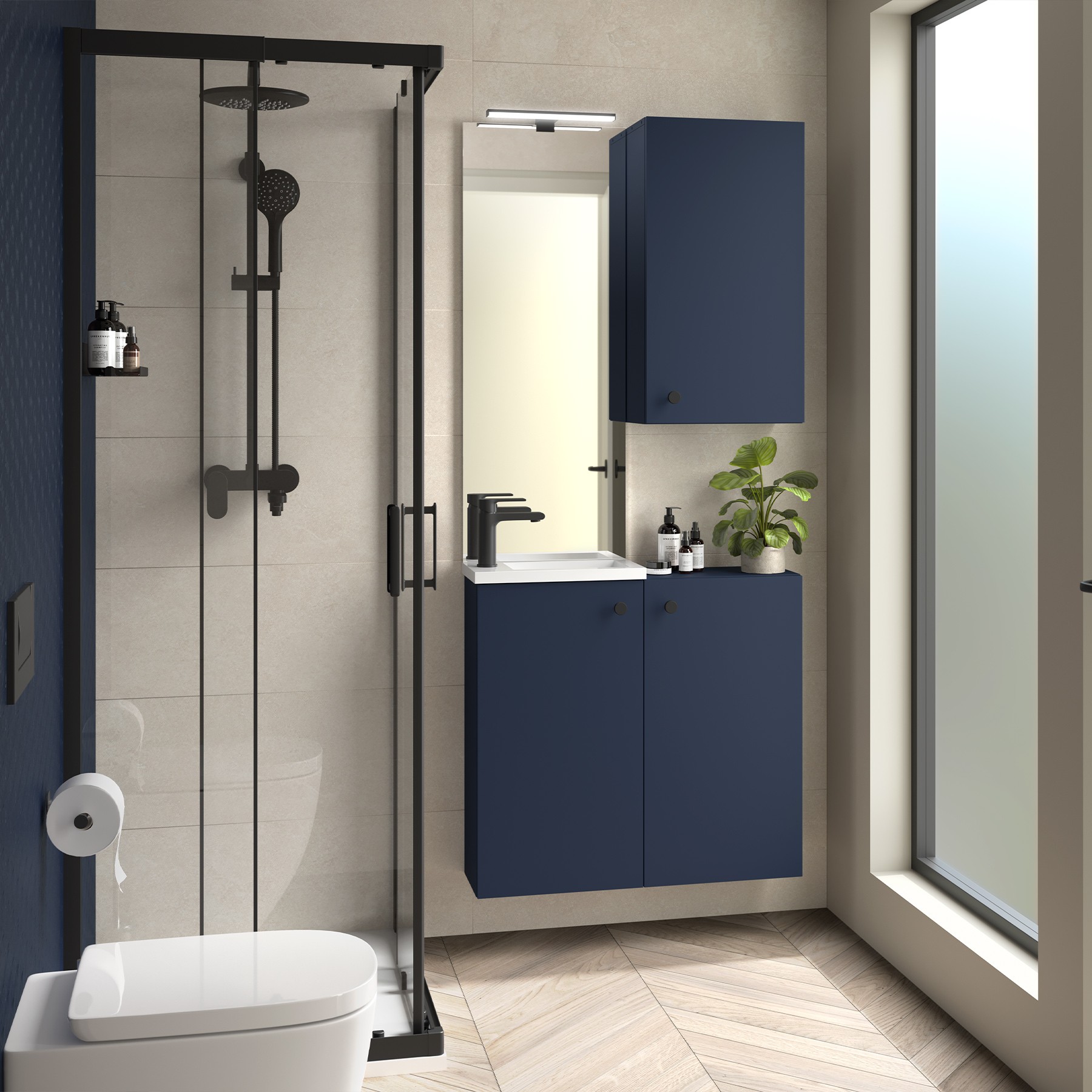 Badezimmermöbel MARVILLE BLUE SATIN + Waschtisch + Spiegel + Leuchte