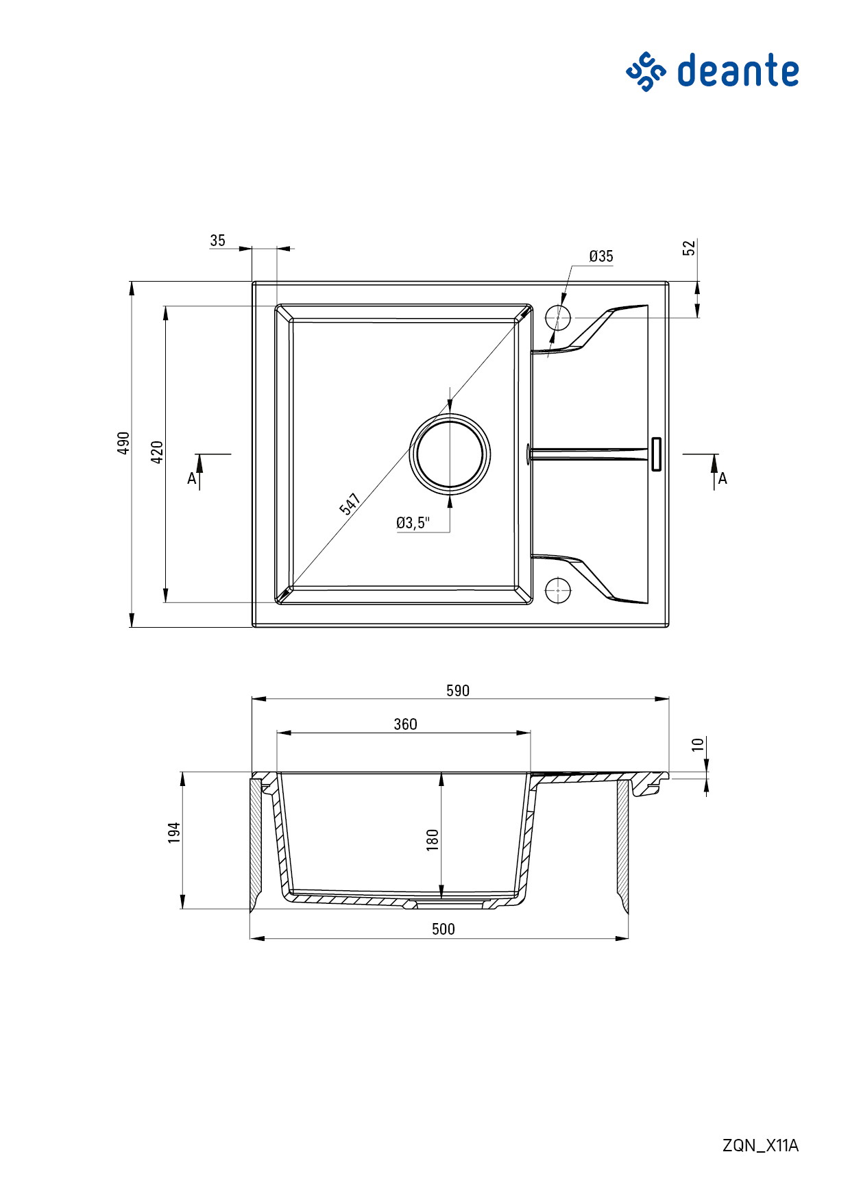 Andante - Granitspülbecken, 1-Becken mit Abtropffläche