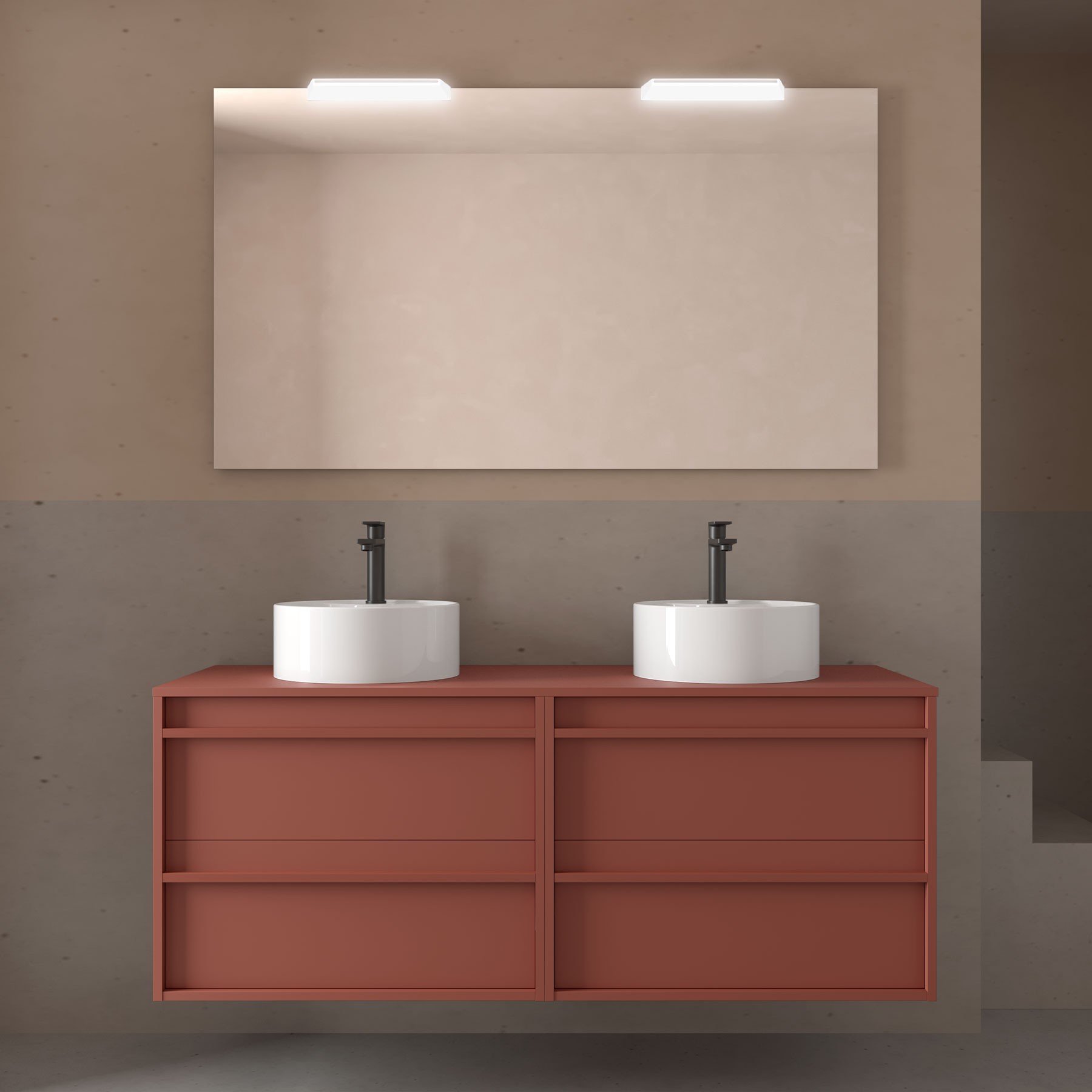 Badezimmermöbel ATTILA 1400 4 Schubladen RED SATIN + Waschtisch-Platte