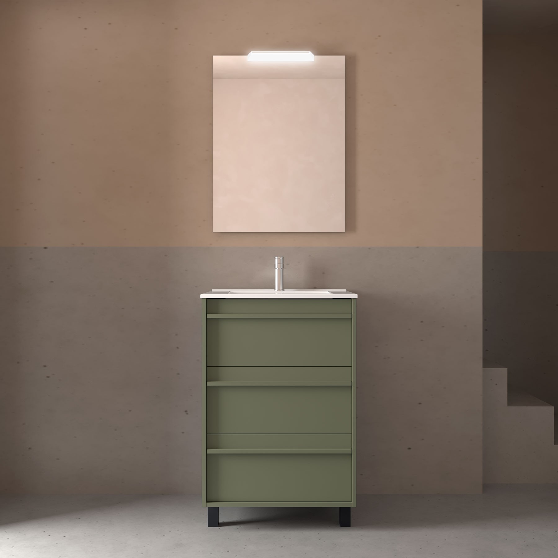 Badezimmermöbel ATTILA 600 3 Schubladen GREEN SATIN + Waschtisch