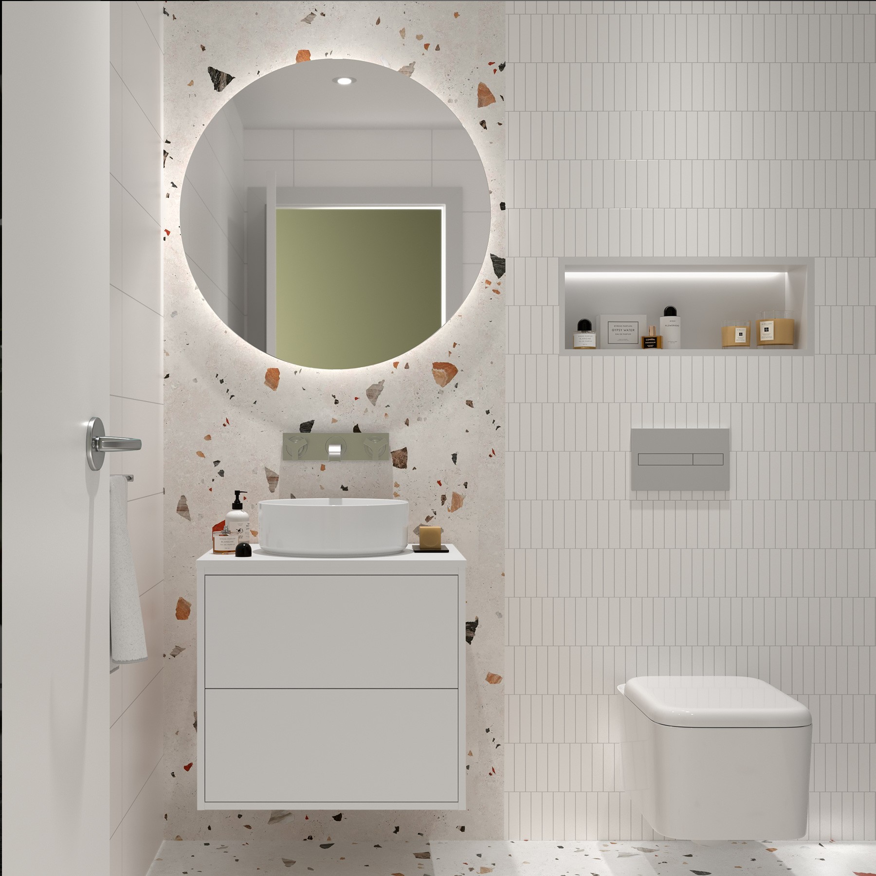 Badezimmermöbel OPTIMUS 600 WHITE SATIN + Waschtisch-Platte