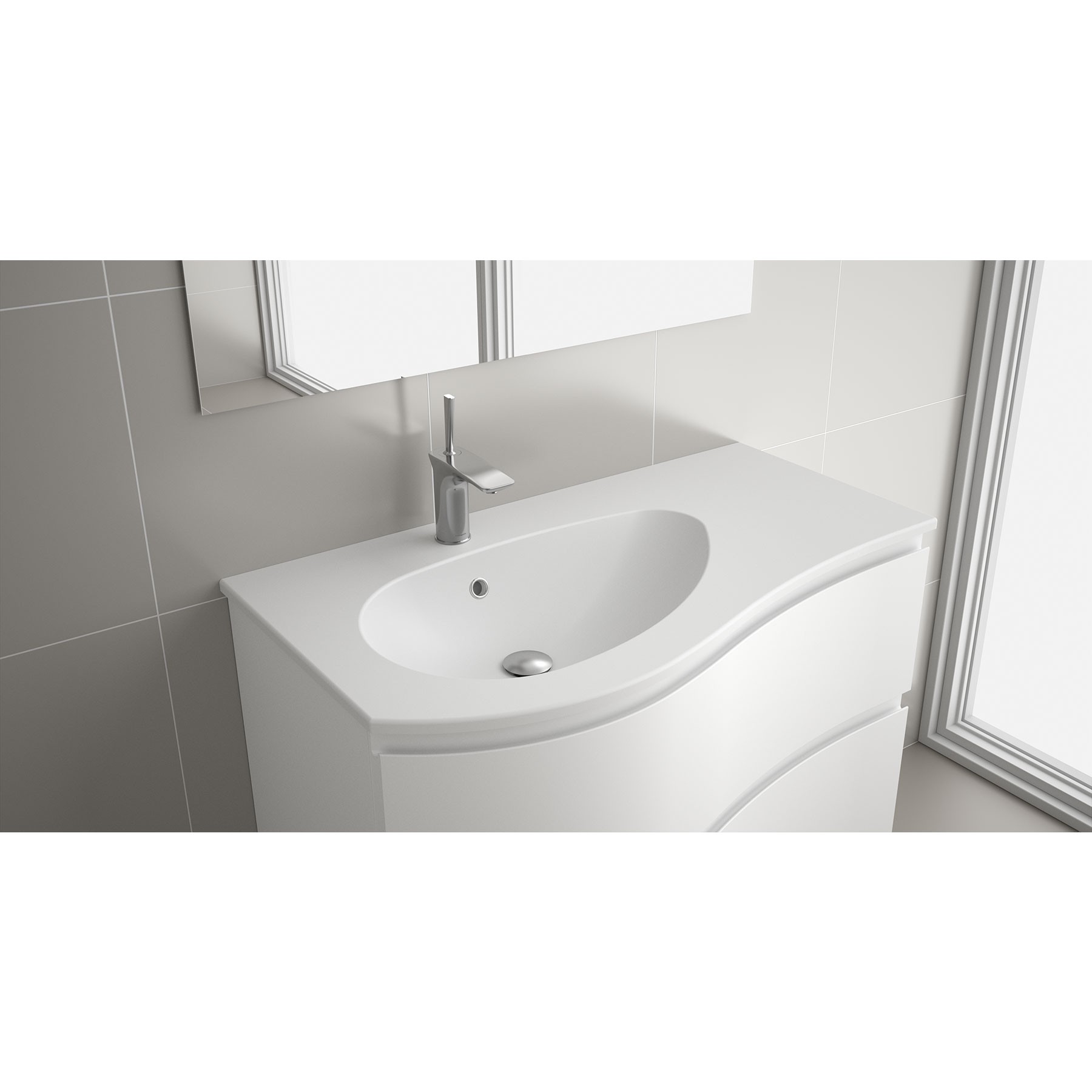 Waschtisch MAM 900 rechts MINERALGUSS MATT WEIß ohne Siphon und Clickerabfluss 910 x 16 x 510 mm