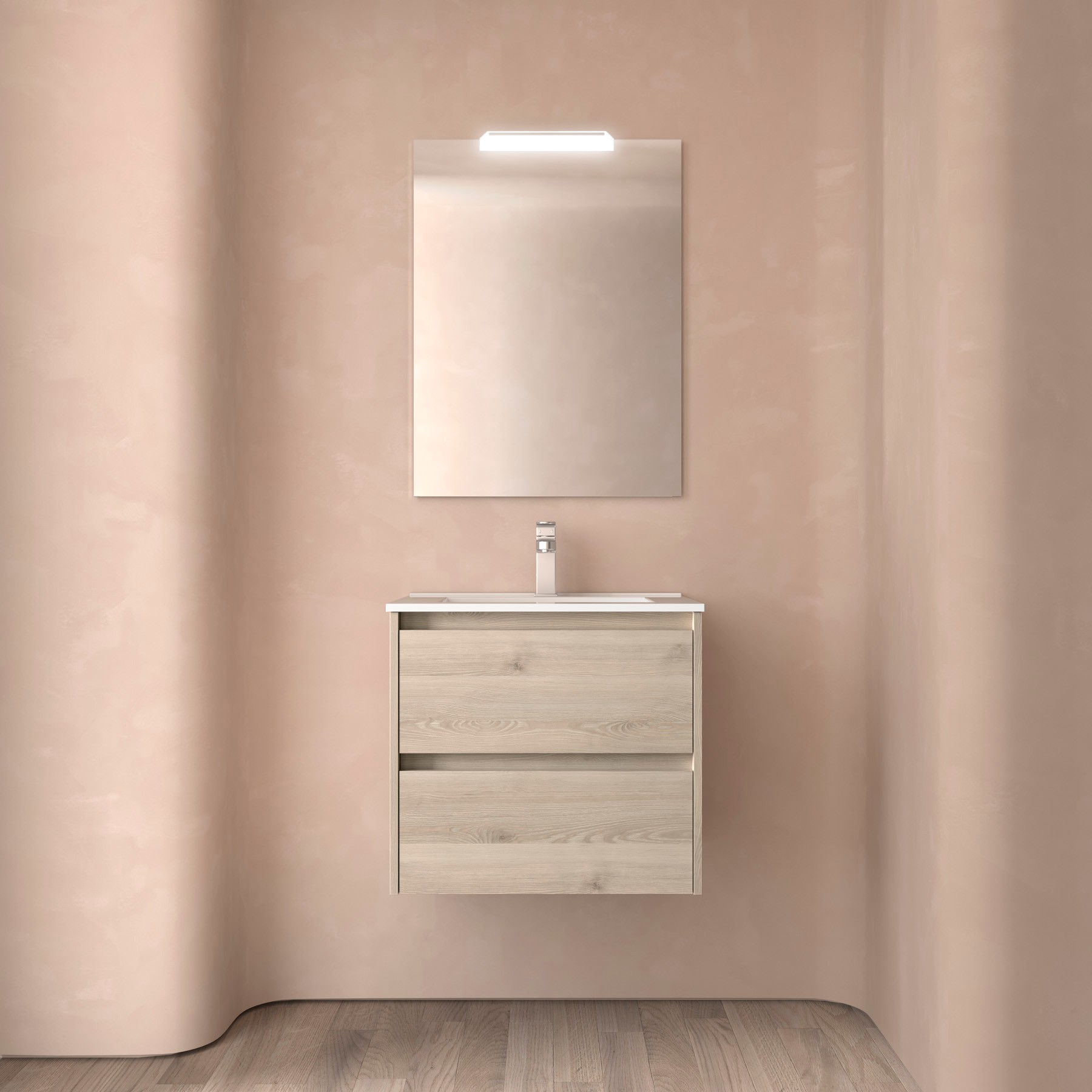 Badezimmermöbel NOJA 600 2 Schubladen NATURAL + Waschtisch + Spiegel + Leuchte