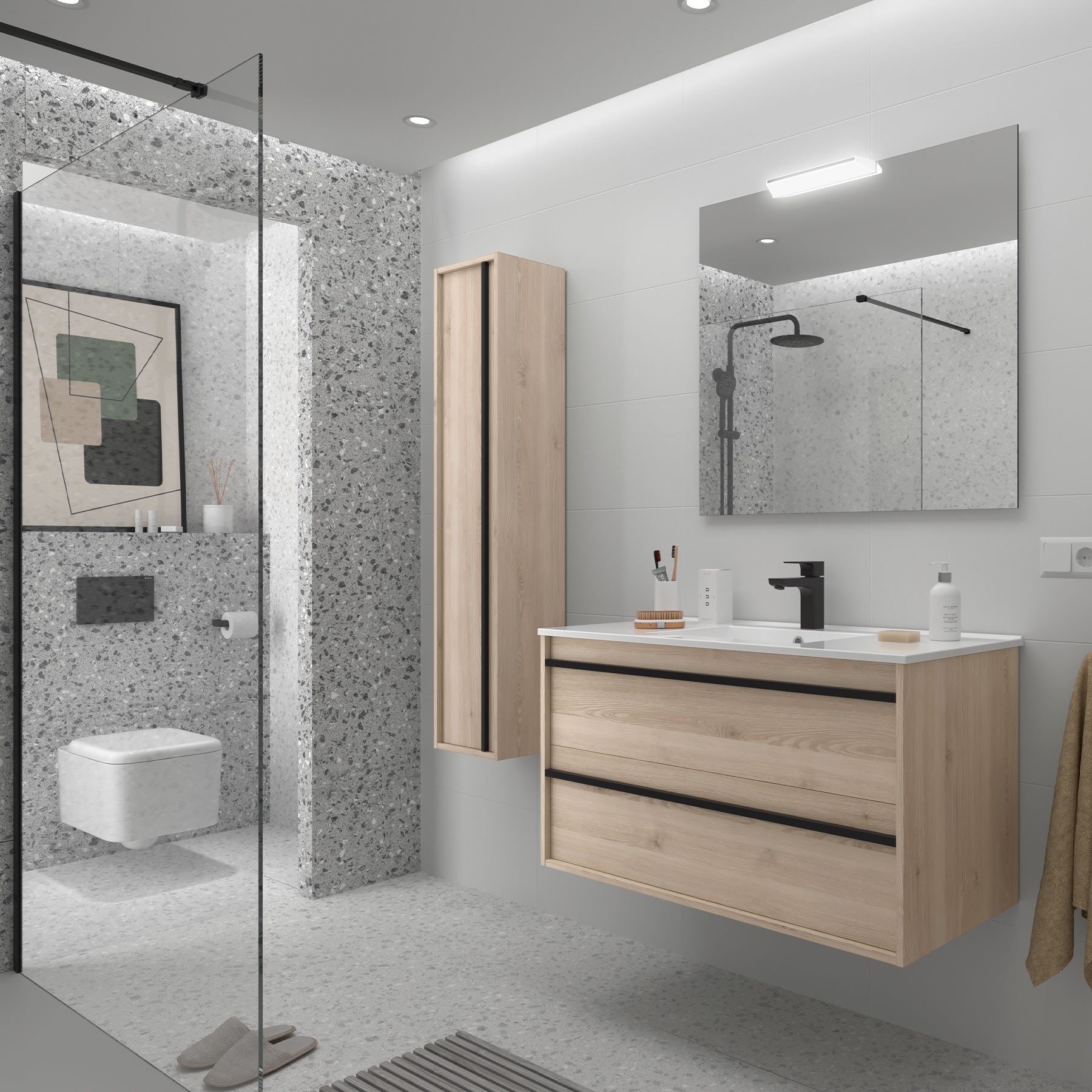 Badezimmermöbel ATTILA 1000 2 Schubladen NATURAL + Waschtisch