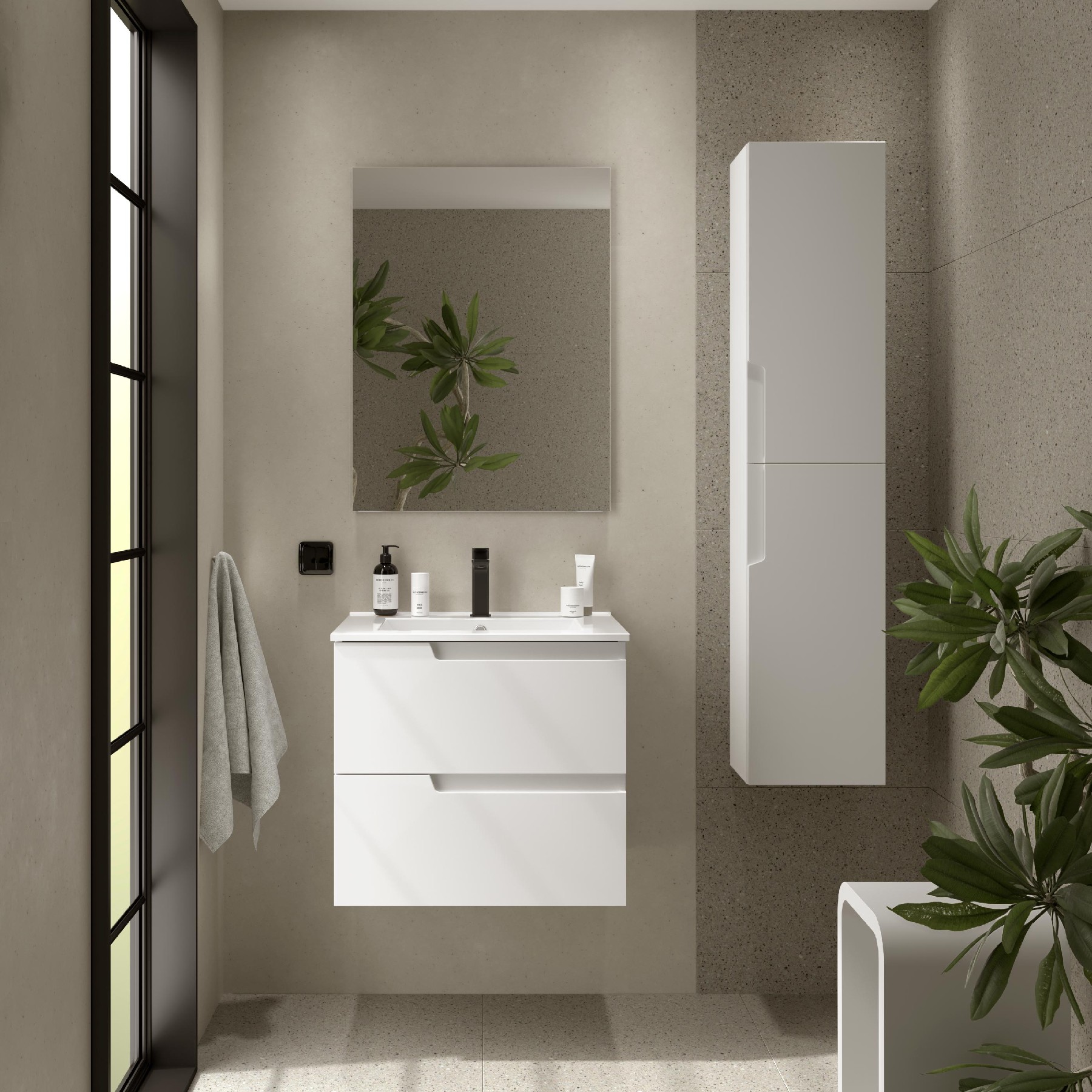 Badezimmermöbel VIMA 600 WHITE SATIN + Waschtisch