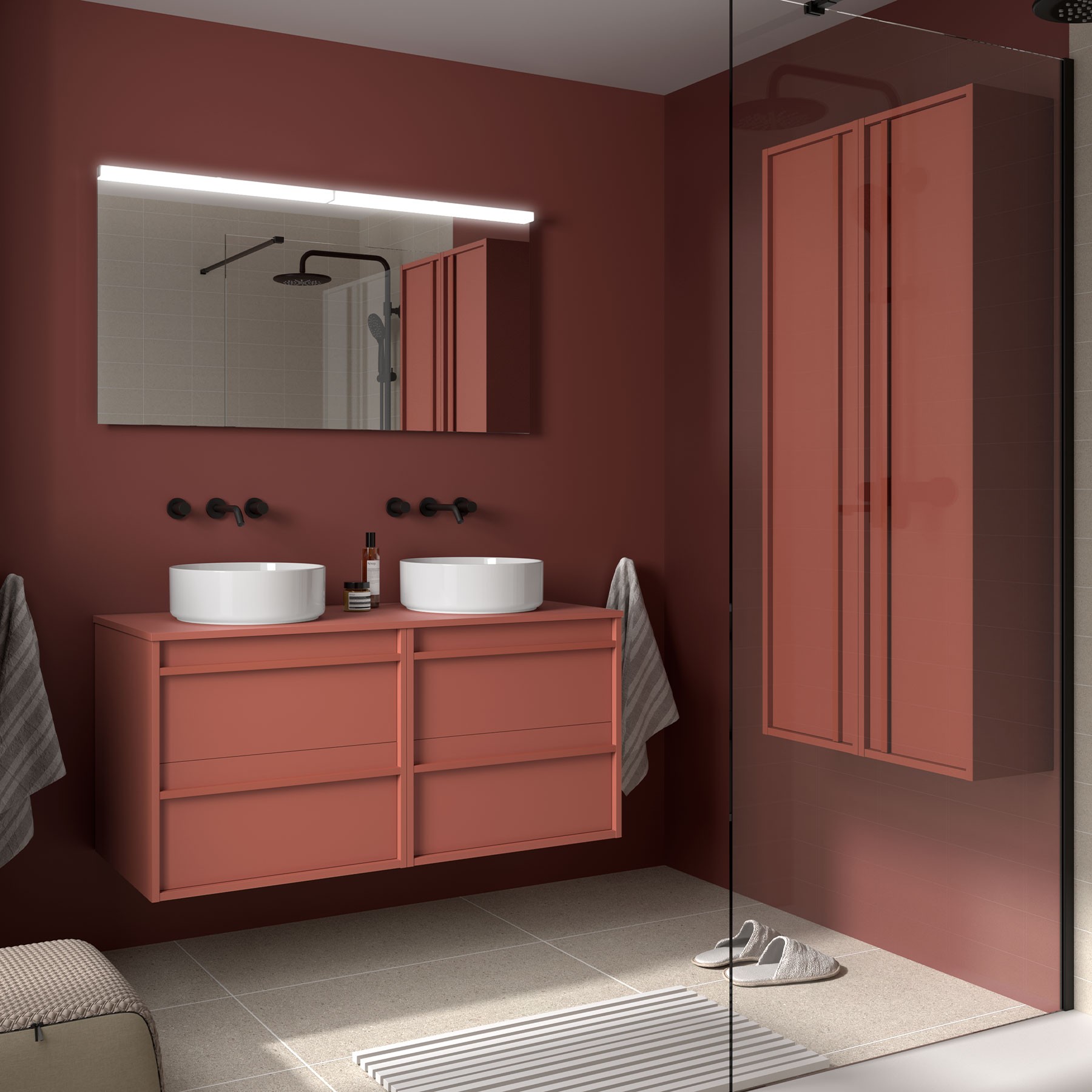 Badezimmermöbel ATTILA 1200 4 Schubladen RED SATIN + Waschtisch-Platte
