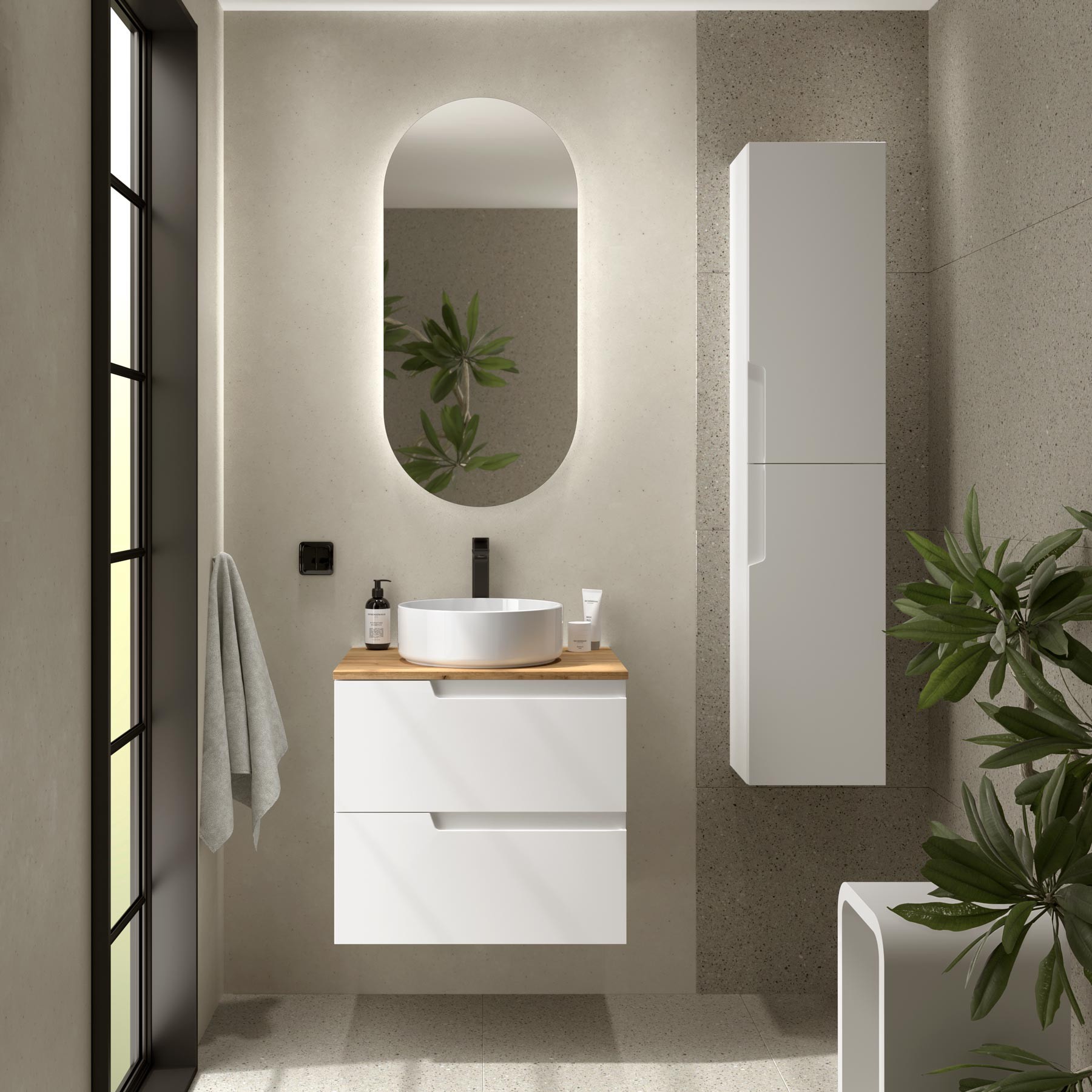 Badezimmermöbel VIMA 600 WHITE SATIN + Waschtisch-Platte EICHE AFRIKA