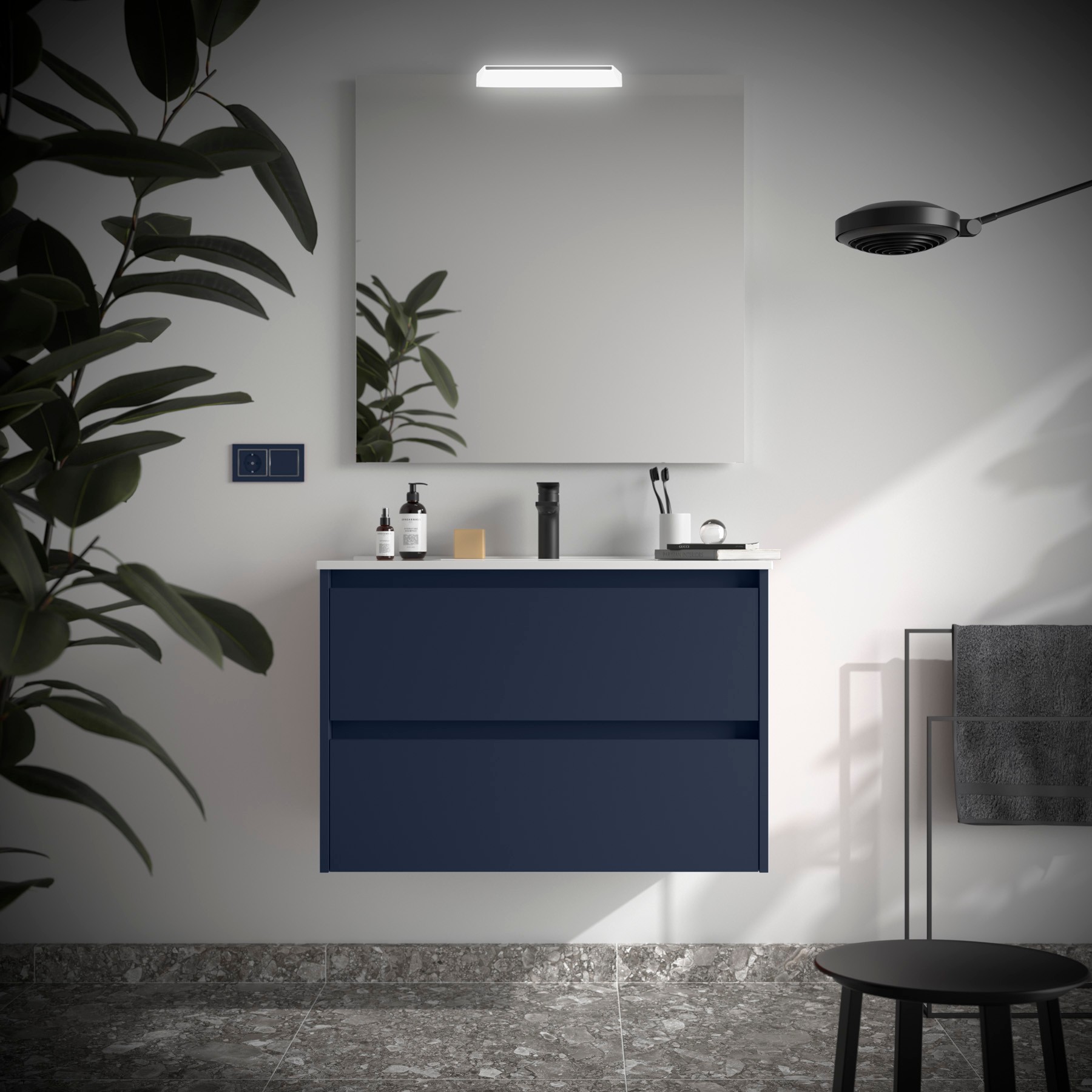Badezimmermöbel NOJA 800 2 Schubladen BLUE SATIN + Waschtisch + Spiegel + Leuchte