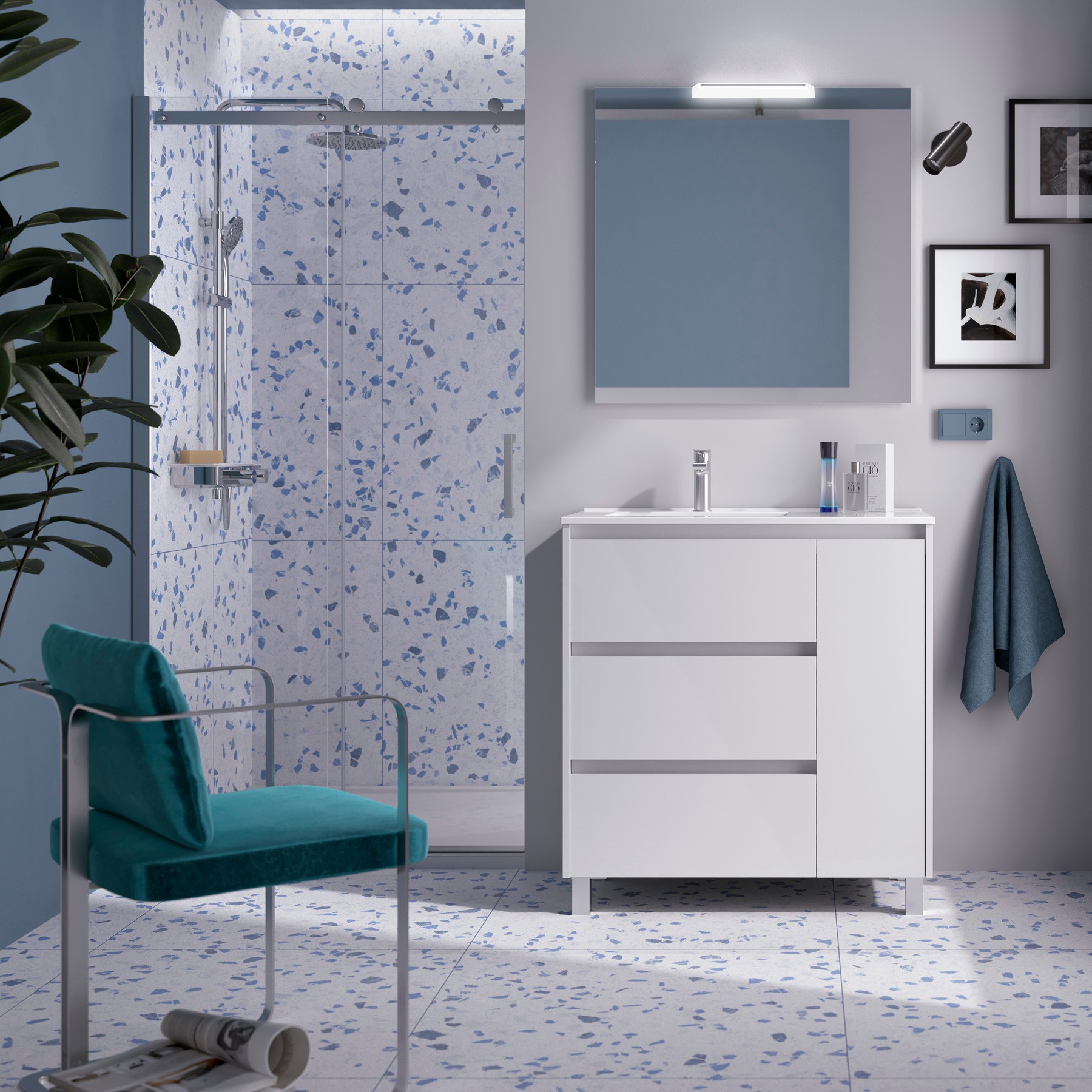 Badezimmermöbel NOJA 850 3 Schubladen und 1 rechte Tür WHITE GLOSS + Waschtisch + Spiegel + Leuchte