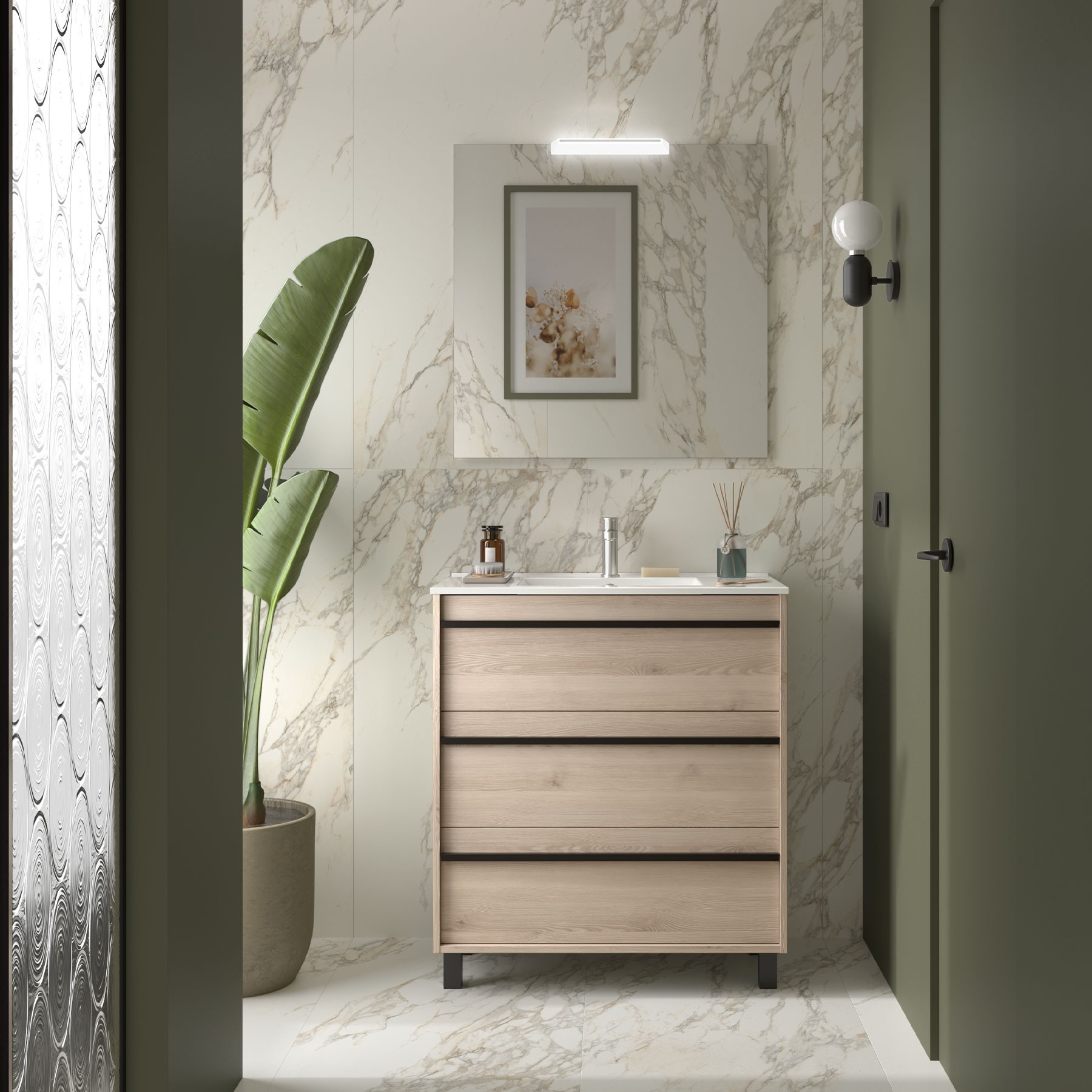 Badezimmermöbel ATTILA 800 3 Schubladen NATURAL + Waschtisch