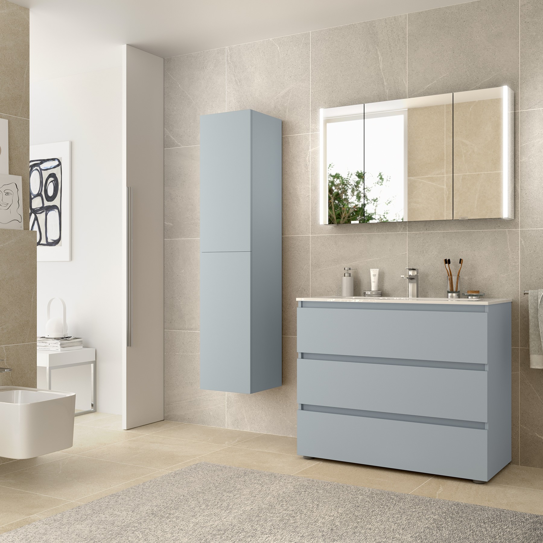Badezimmerschrank SPIRIT 1000 3 Metallschubladen BLUE FOG 997 x 810 x 450 mm