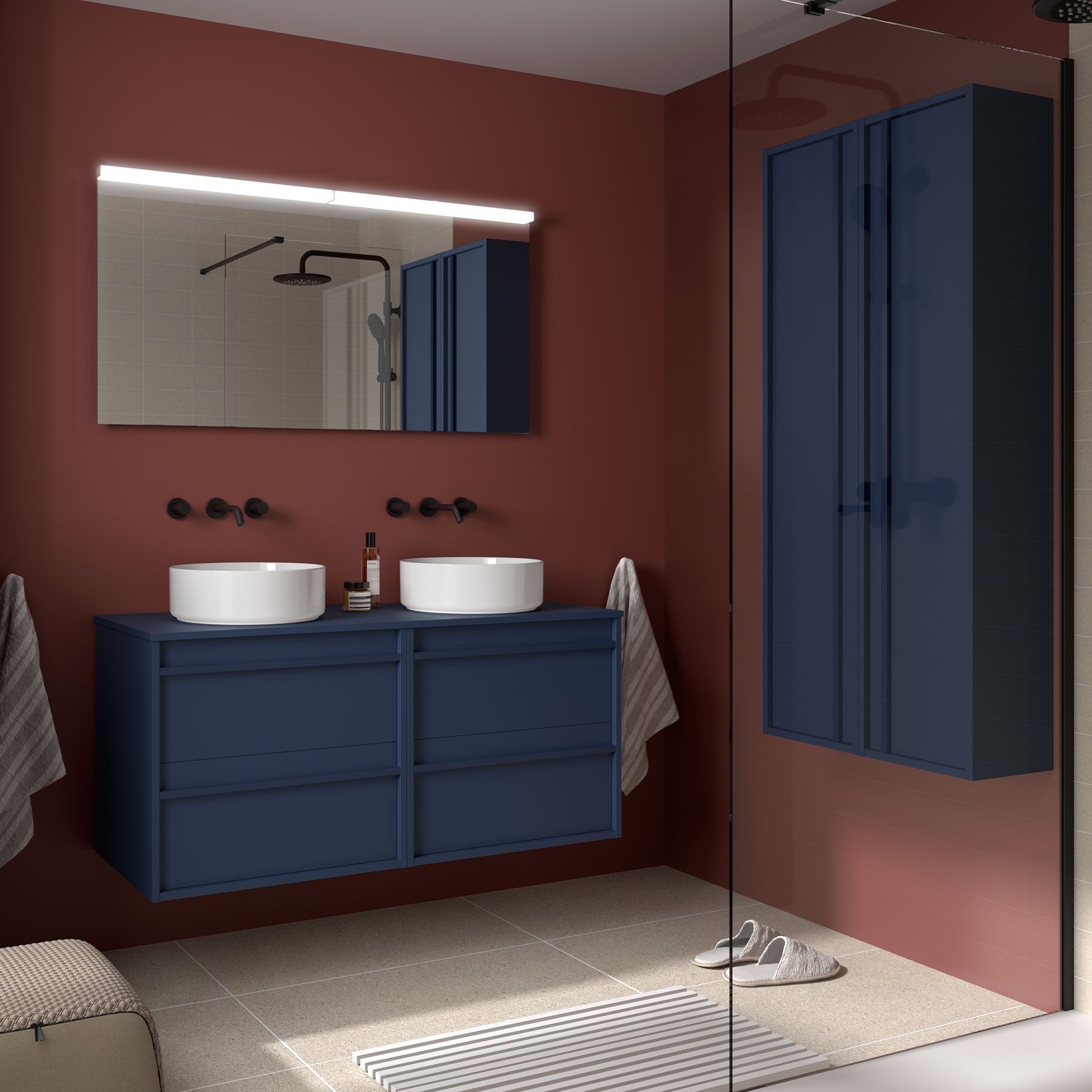 Badezimmermöbel ATTILA 1200 4 Schubladen BLUE SATIN + Waschtisch-Platte