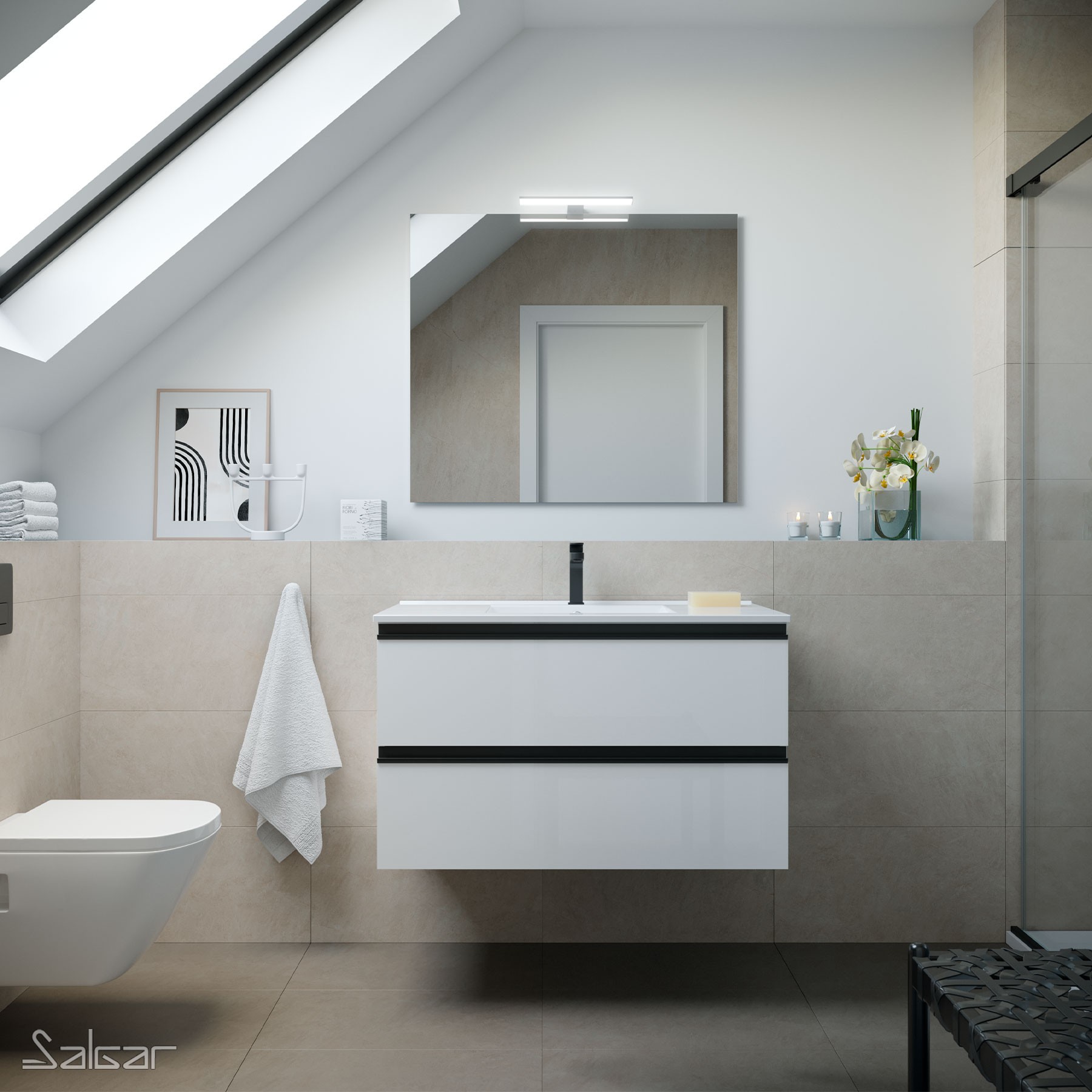 Schrank wandhängend SPIRIT 900 2 Metallauszug WEIß GLÄNZEND897 x 540 x 450 mm