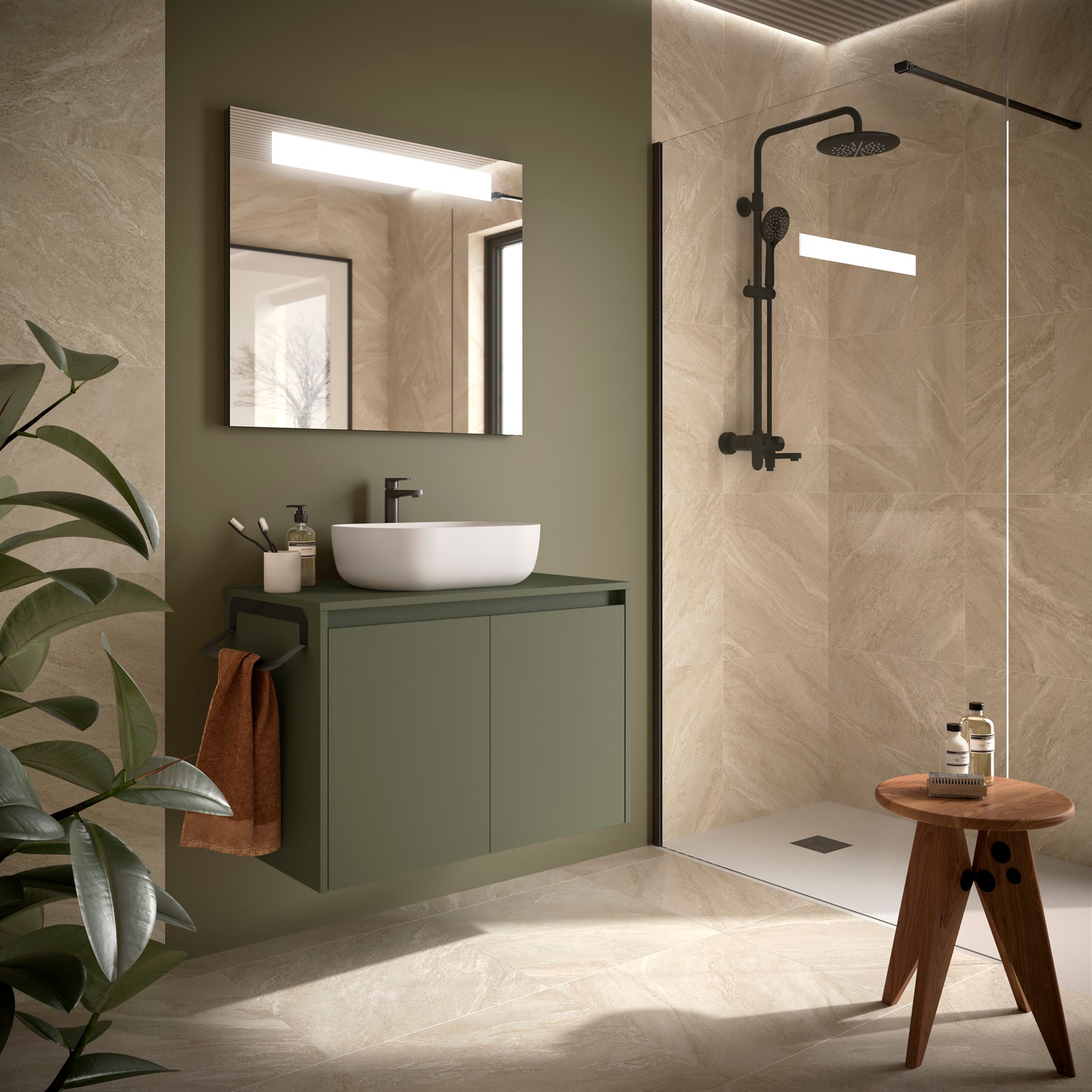Badezimmermöbel NOJA 800 2 Türen GREEN SATIN + Waschtisch-Platte