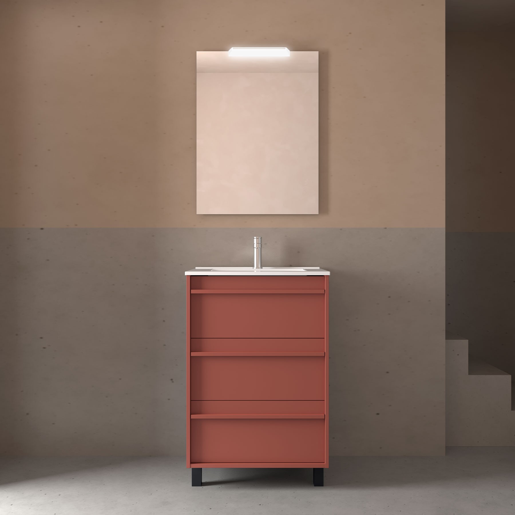 Badezimmermöbel ATTILA 600 3 Schubladen RED SATIN + Waschtisch