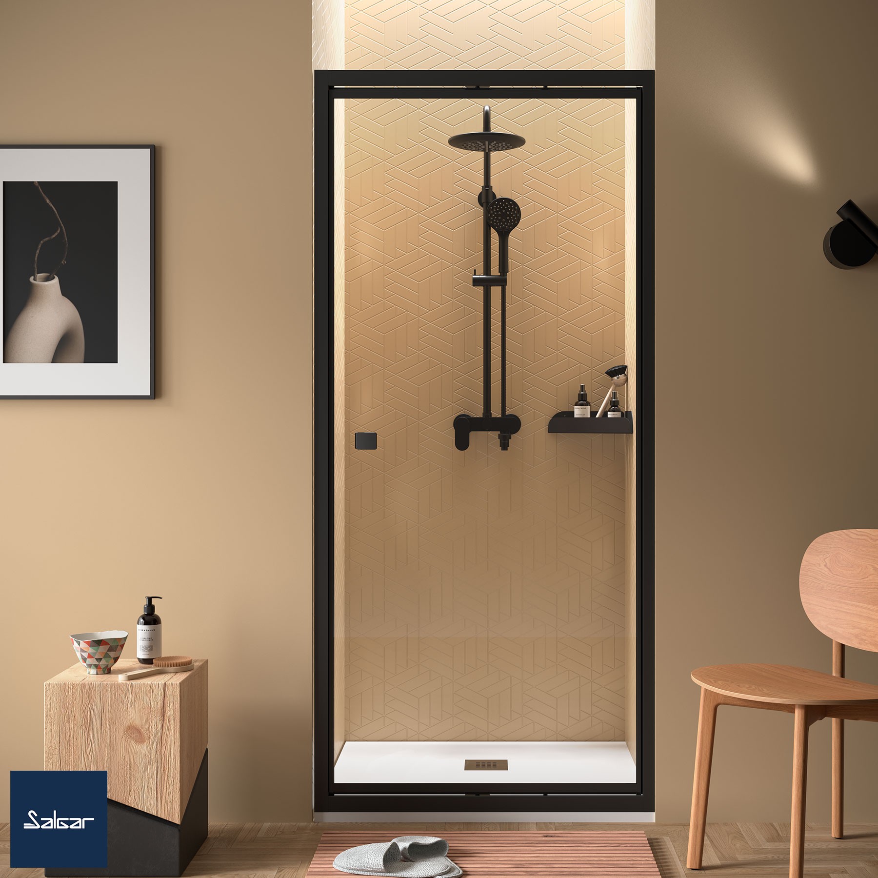 Duschabtrennung HABITAT mit schwarzem Profil Duschabtrennung vorderfront mit Pendeltür TRANSPARENTE 770-800x1950 mm