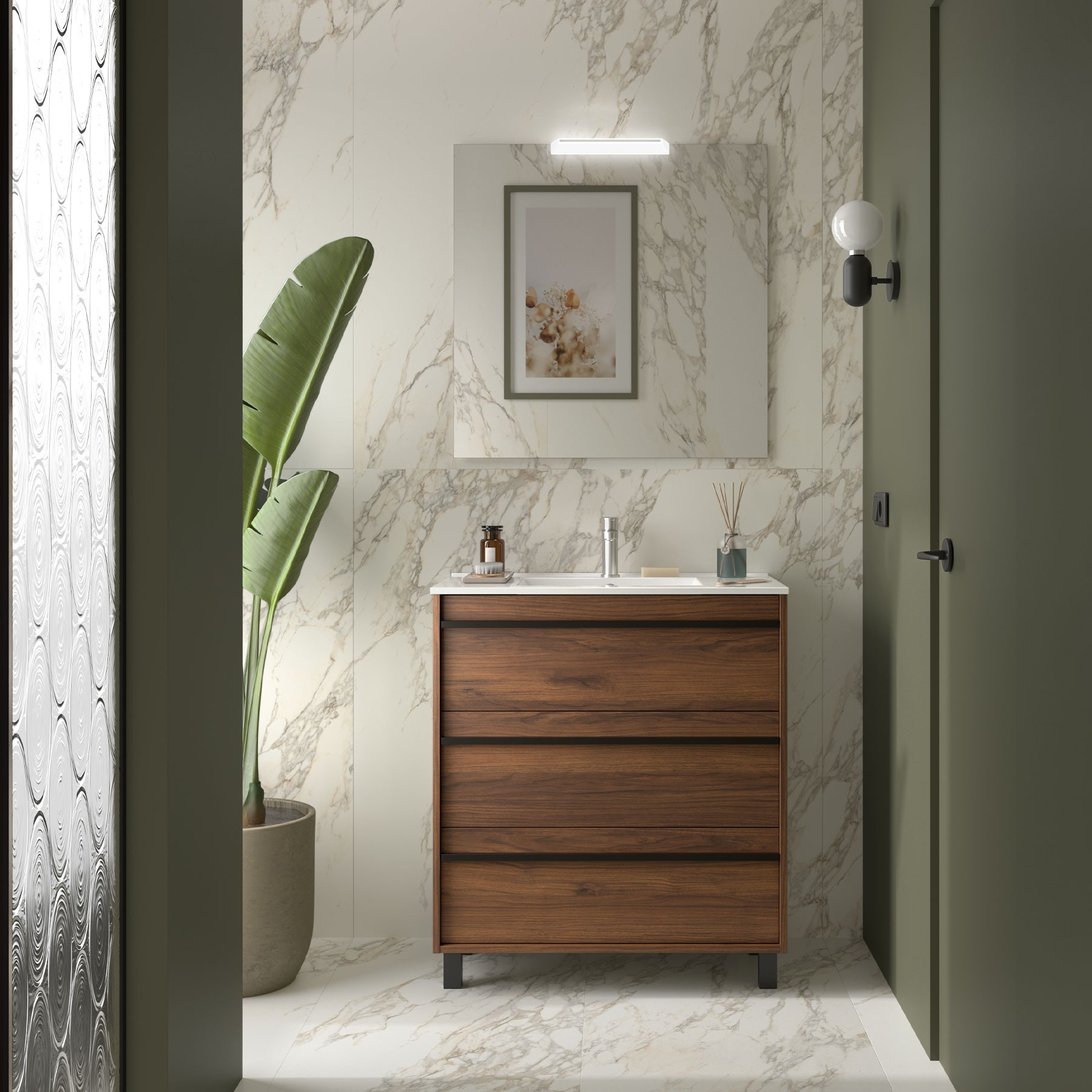 Badezimmermöbel ATTILA 800 3 Schubladen NUSSBAUM MAYA + Waschtisch