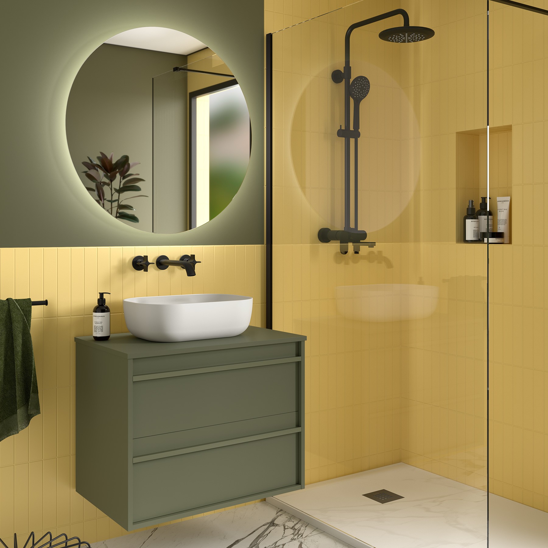 Badezimmermöbel ATTILA 700 2 Schubladen GREEN SATIN + Waschtisch-Platte