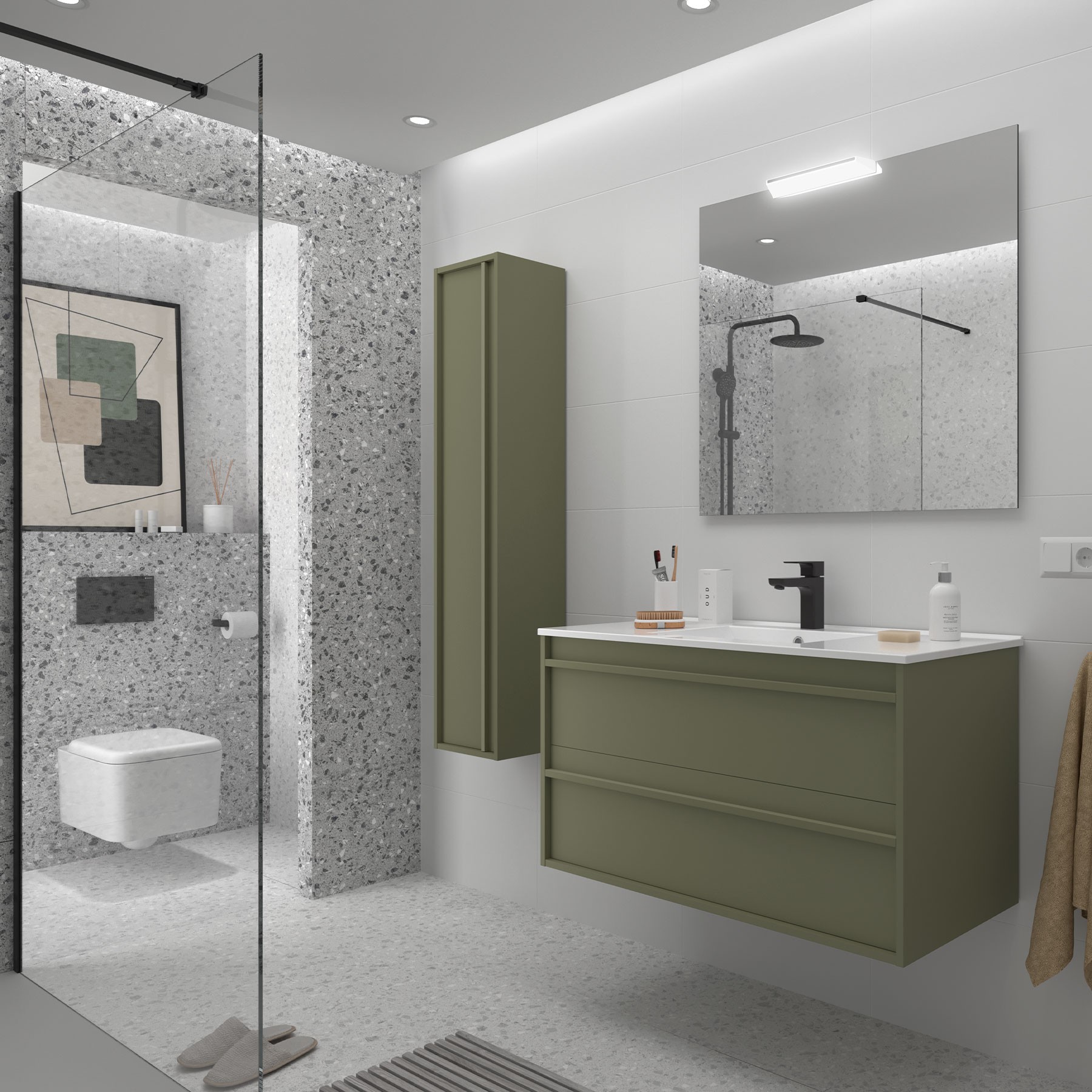 Badezimmermöbel ATTILA 1000 2 Schubladen GREEN SATIN + Waschtisch + Spiegel + Leuchte
