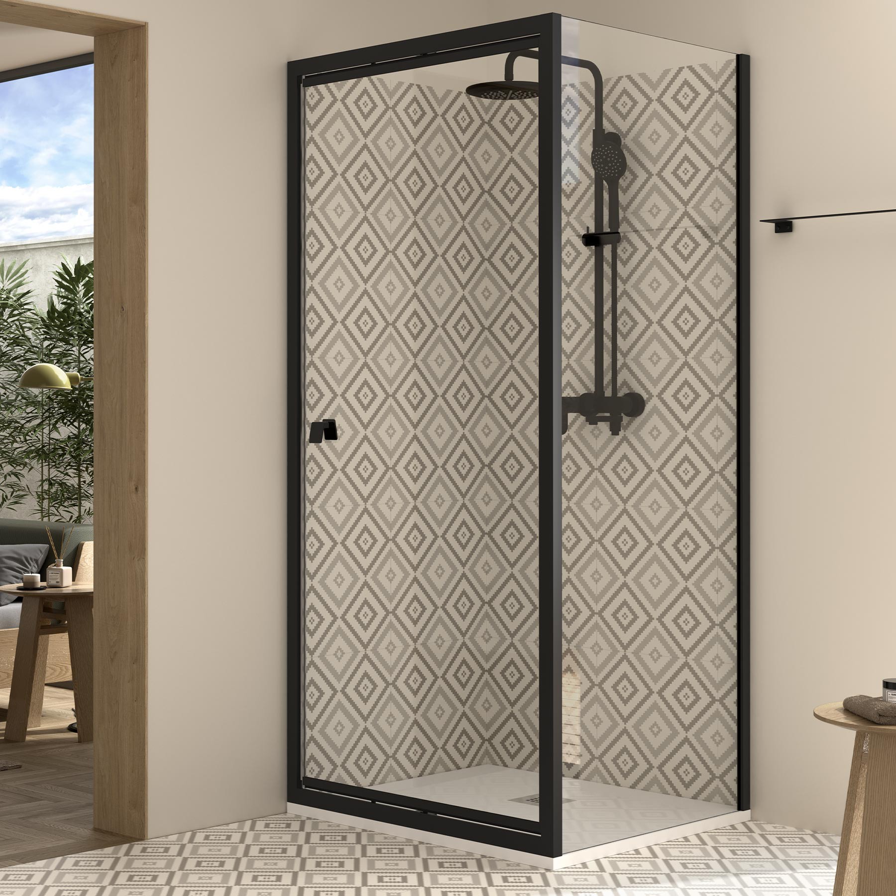 Duschabtrennung HABITAT mit schwarzem Profilfeste Seitenwand TRANSPARENTE 801 - 1000x1950 mm