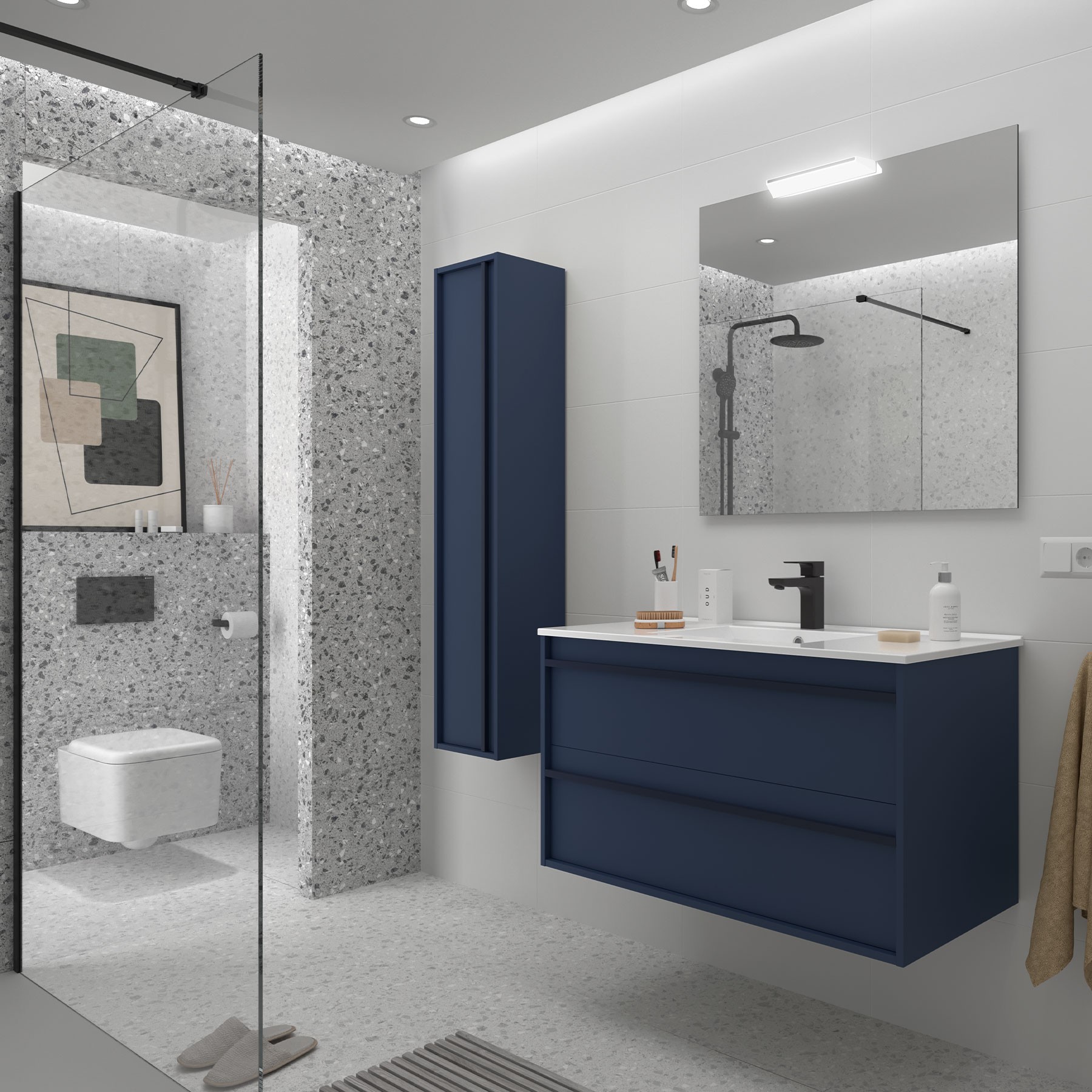 Badezimmermöbel ATTILA 1000 2 Schubladen BLUE SATIN + Waschtisch