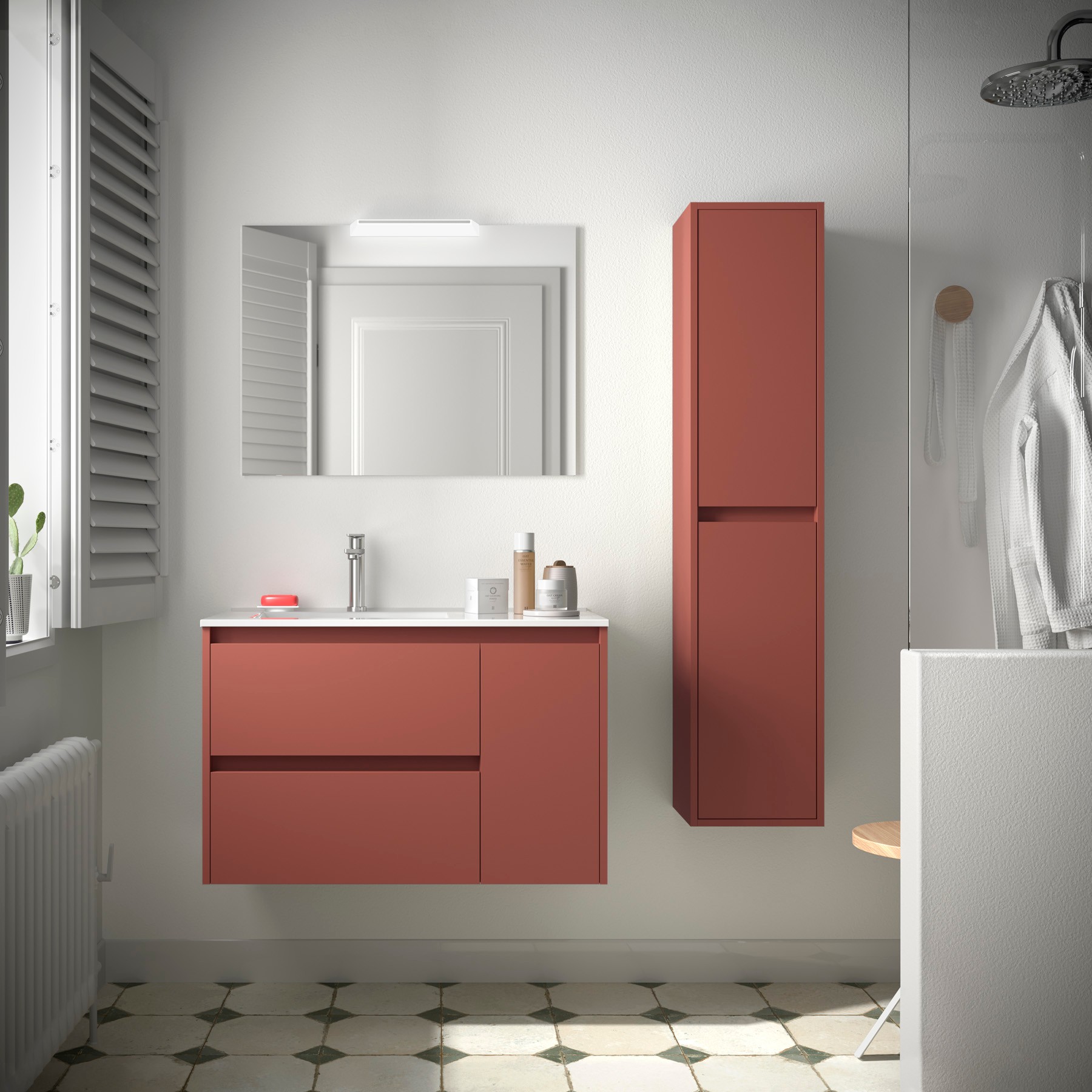 Badezimmermöbel NOJA 850 2 Schubladen und 1 rechte Tür RED SATIN + Waschtisch
