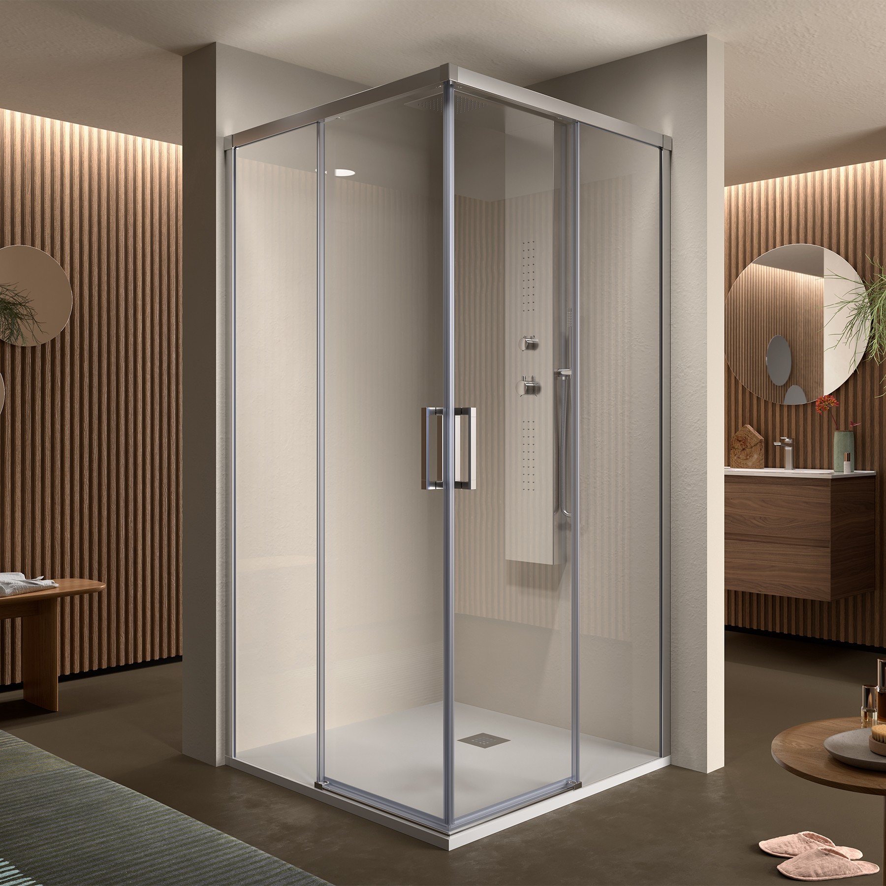 Duschabtrennung VERSA Eckdusche mit einer Tür glass TRANSPARENTE profil silber glänzend 690 - 710 x 1950 mm