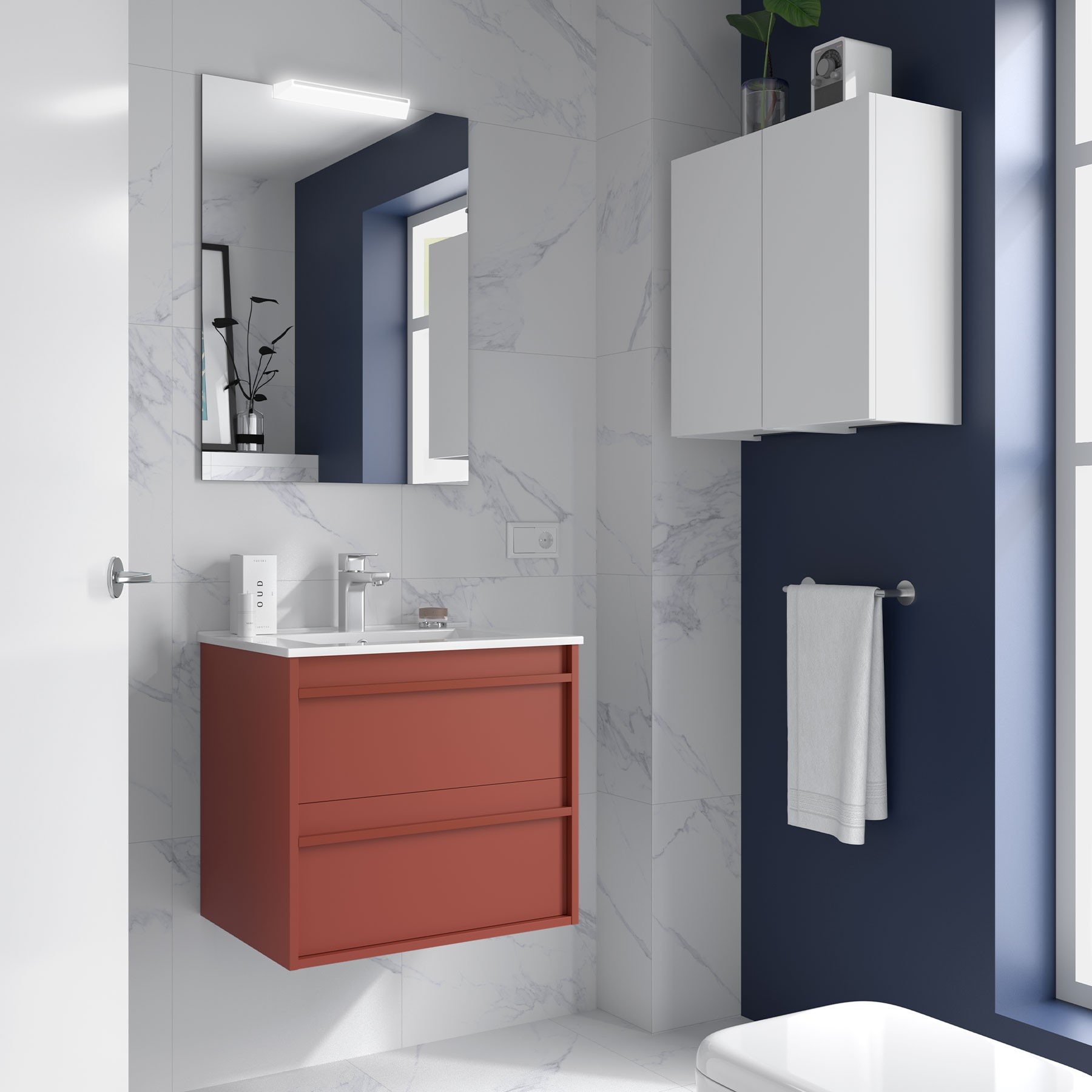 Badezimmermöbel ATTILA 600 2 Schubladen RED SATIN + Waschtisch