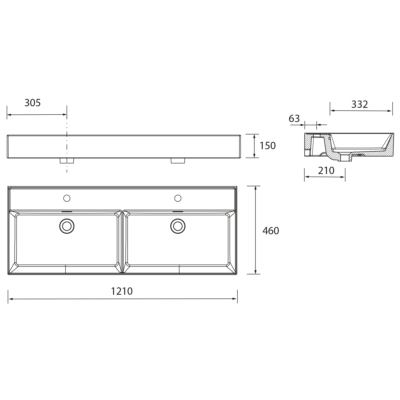 Waschtisch VENETO 1210 doppel PORZELLAN WEIß ohne Siphon und Clickerabfluss ohne bohrungen 1210 x 120 x 460 mm