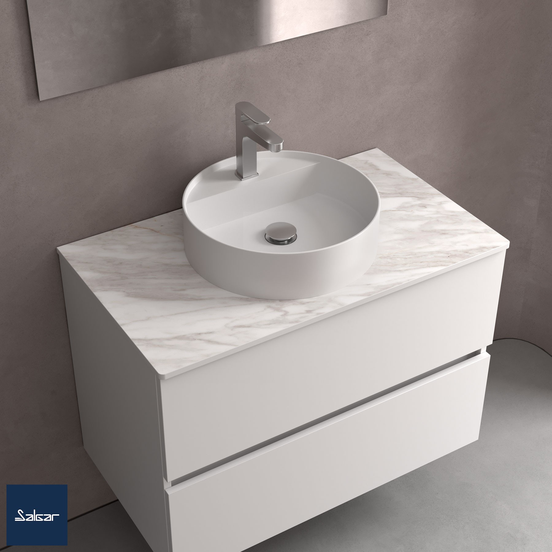Aufsatzwaschtisch BICA ohne Siphon und Clickerabfluss SOLID SURFACE WEIß MATT Ø 390 x 105 mm